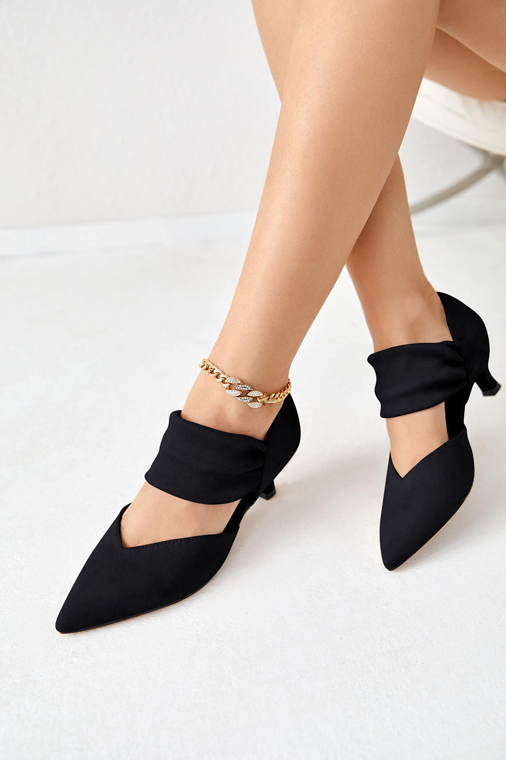 Coutgo Womens Low Kitten Heel Dress Shoes Pointed Toe Slip on Ankle Strap Cutout Elegant Party Wedding Pumps, Black, Size 8