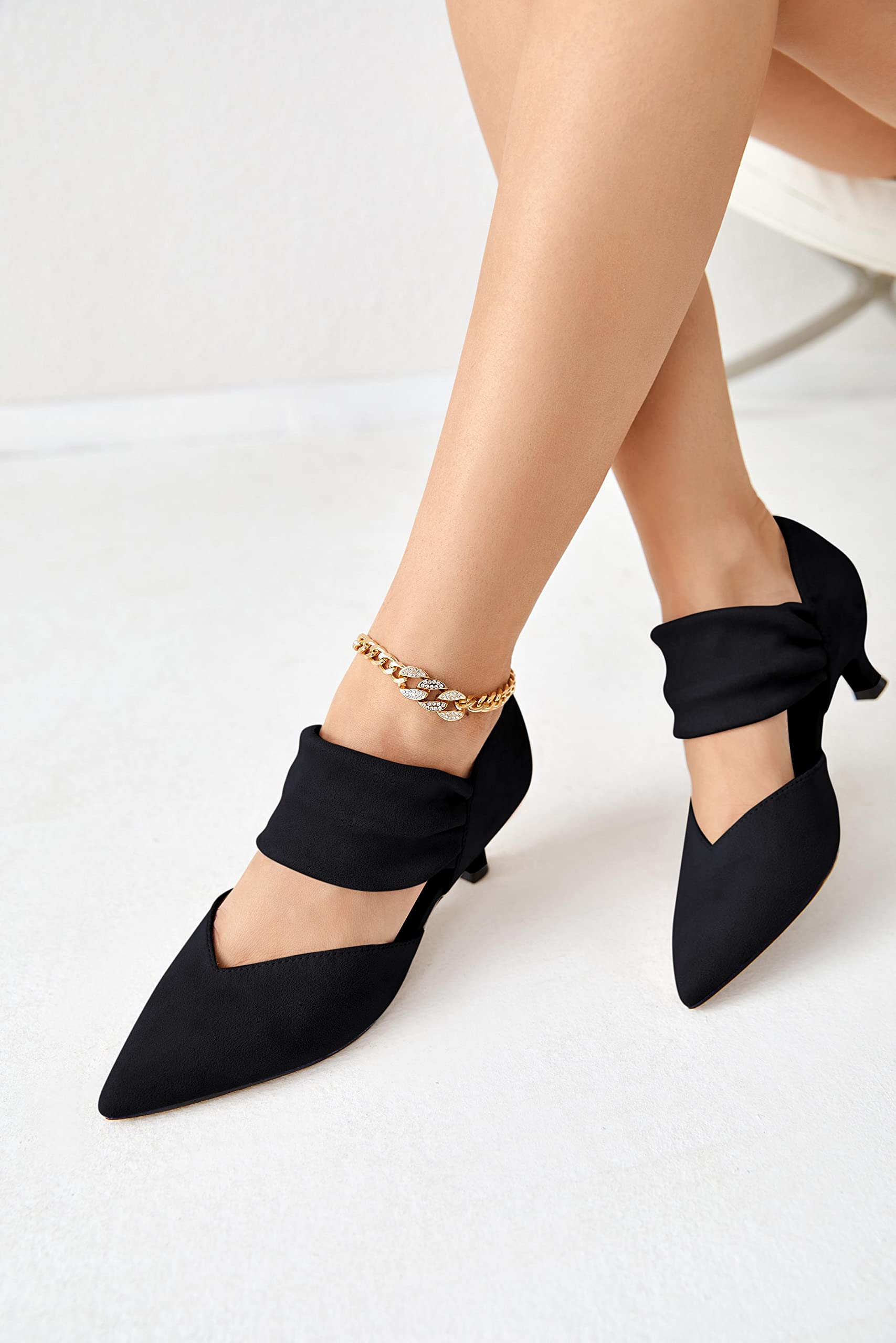 Coutgo Womens Low Kitten Heel Dress Shoes Pointed Toe Slip on Ankle Strap Cutout Elegant Party Wedding Pumps, Black, Size 8