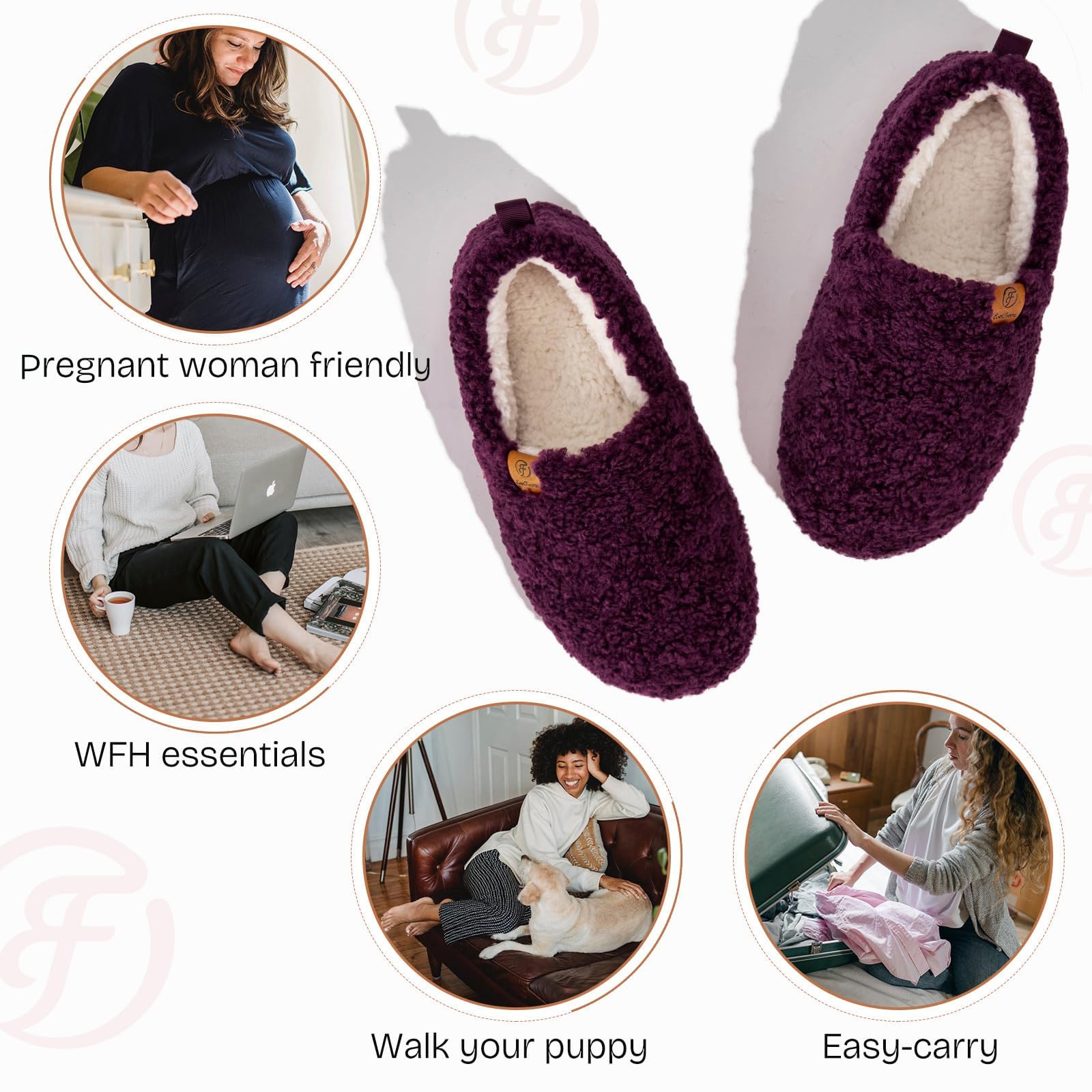 EverFoams Women’s Soft Curly Full Slippers Memory Foam Lightweight House Shoes Cozy Loafer with Polar Fleece Lining Dark Aubergine,8.5 US