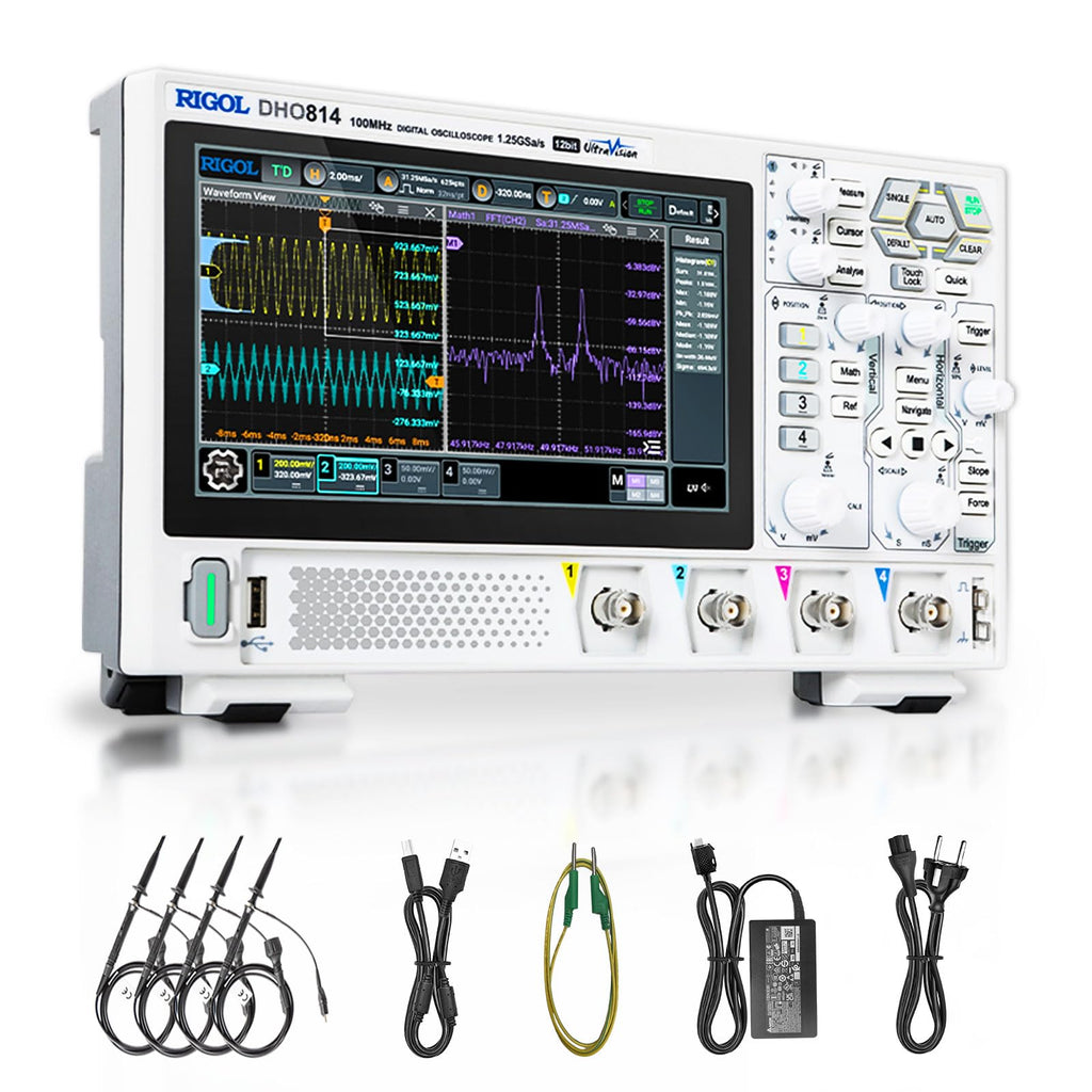 RIGOL Digital Oscilloscope DHO814 100 MHz 4-Ch 1.25 GSa/s 12-bit 25 Mpts UltraAcquire 1,000,000 wfms/s 7" Touch LAN/USB/HDMI Web Control SCPI for Power Ripple MCU Bus Debug