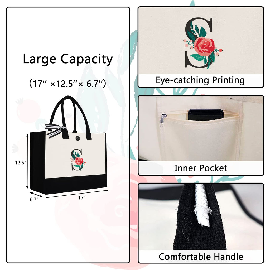 Binggemen Initial Canvas Tote Bag, Personalized Birthday Gifts for Women Mom Friends Teachers, Monogrammed Tote Bags Suitable for Valentine's Day Wedding Beach (Letter S)