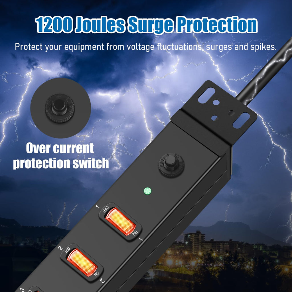HHSOET 1U Rack Mount Surge Protection, 8 Outlet PDU Power Strip, Metal Mountable Outlet Strip with Switch,1200J, 6ft Power Cord.