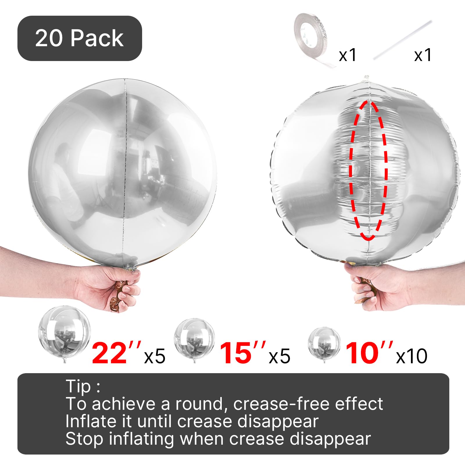 PartyWoo Metallic Silver Foil Balloons 20pcs Different Sizes Pack of 22 15 10 Inch Large Round Foil 4D Inflatable Mirror Ball Mylar Balloons for Graduation Birthday Engagement Party Decorations