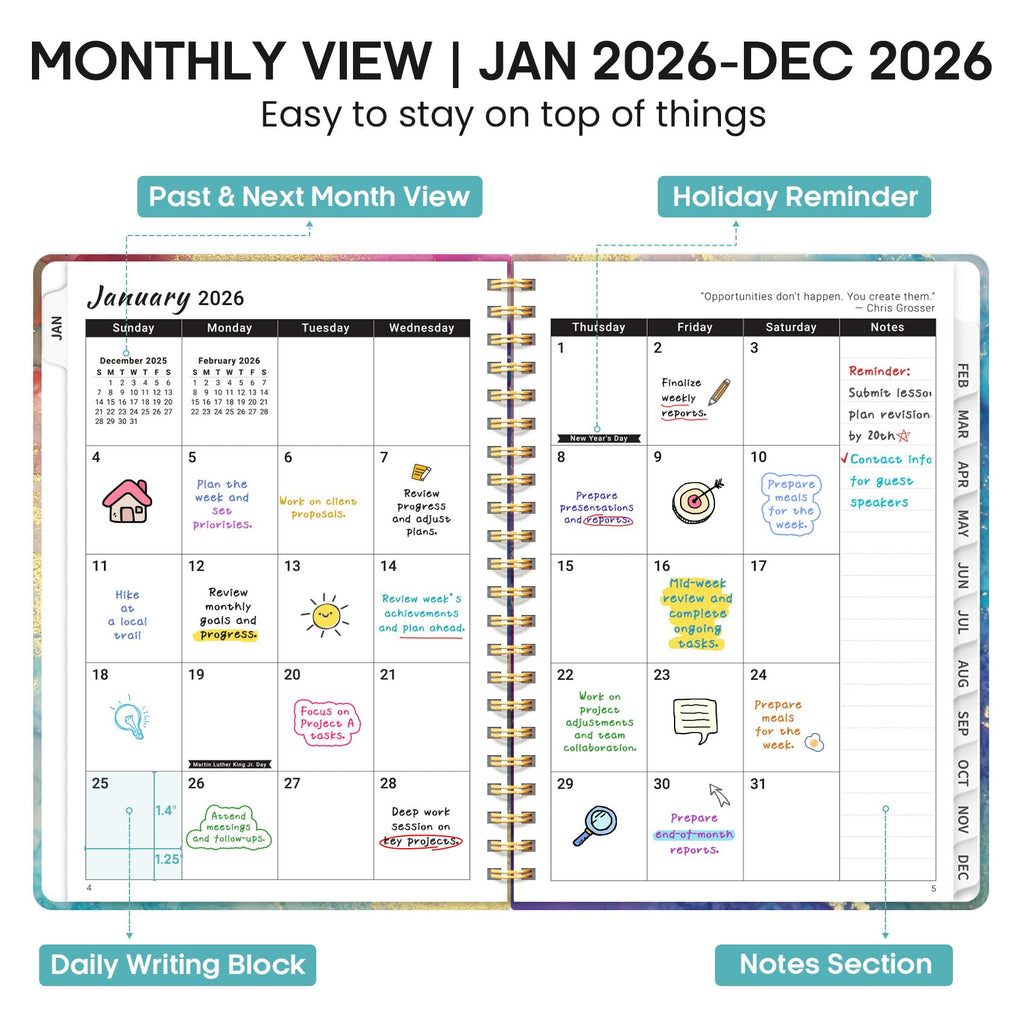 2026 Planner, Weekly and Monthly Calendar Planner Book, January 2026 - December 2026, Hardcover Spiral Planner with Monthly Tabs, Notes Pages, Perfect for Women & Men, A5 (6.4" x 8.5") - Gold