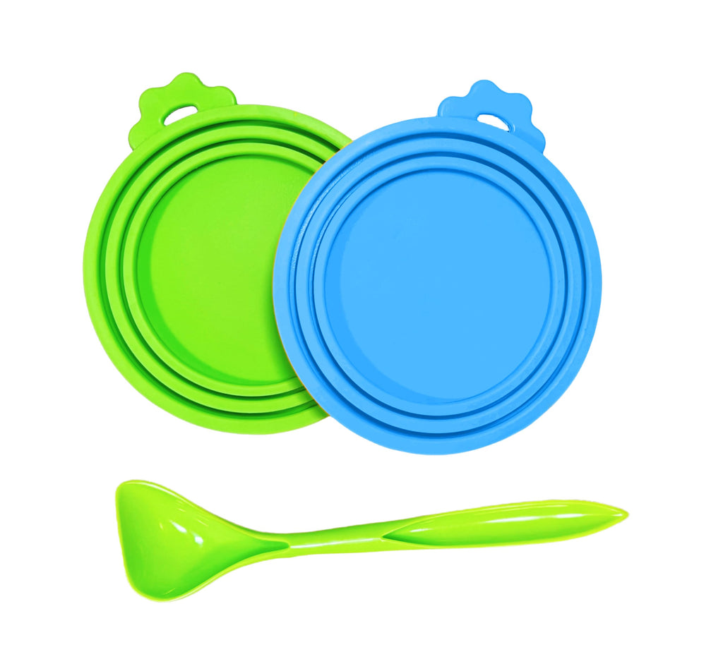 MoPawKT- Silicone Pet Food Can Covers Lids, 3 Inner Diameters 2.6”/3”/3.4” Fits 3-15 oz Standard Cat Dog Food Cans, Multi-Size Canned Covers, BPA Free, Reusable (Blue+Green, 1 spoon)