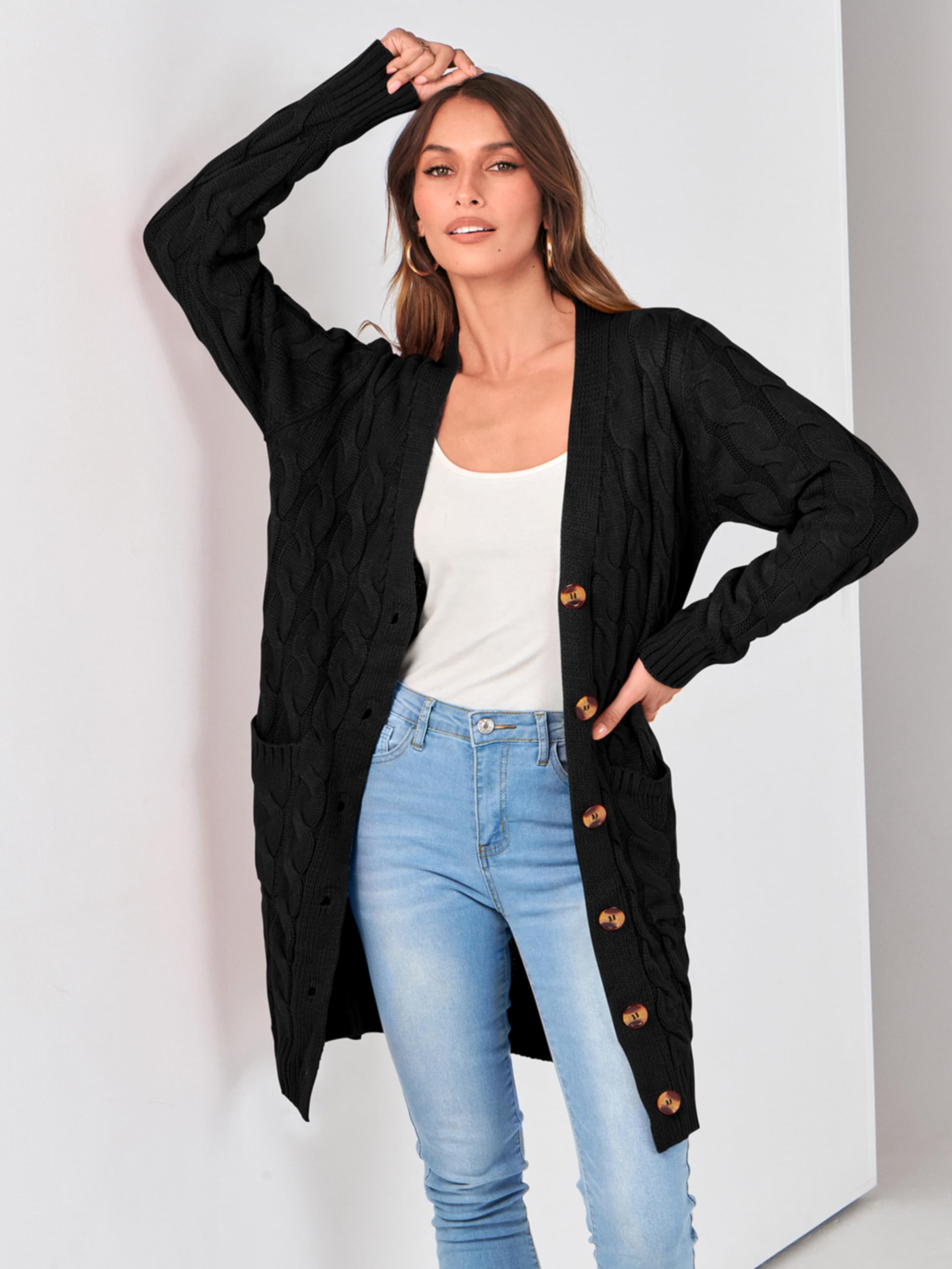 PRETTYGARDEN Long Sleeve Cable Knit Long Cardigan for Women 2026 Spring Winter Chunky Open Front Button Sweaters with Pockets (Black, Small)