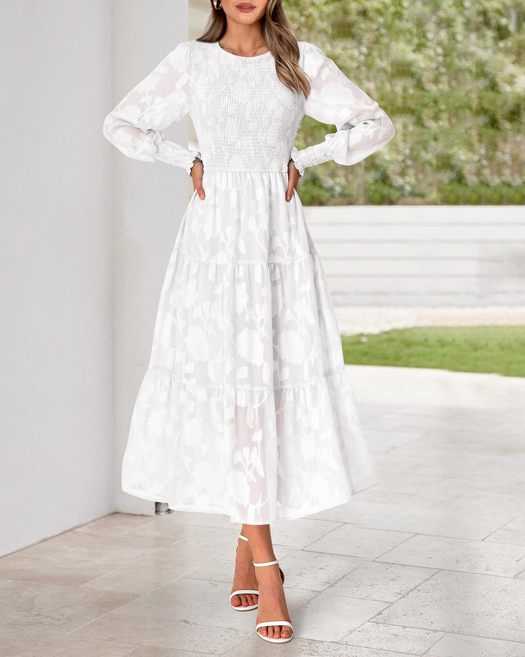 BTFBM Wedding Guest Dresses for Women Fall Fashion 2025 Casual Long Sleeve Floral Maxi Boho Homecoming Dress(White,Medium)