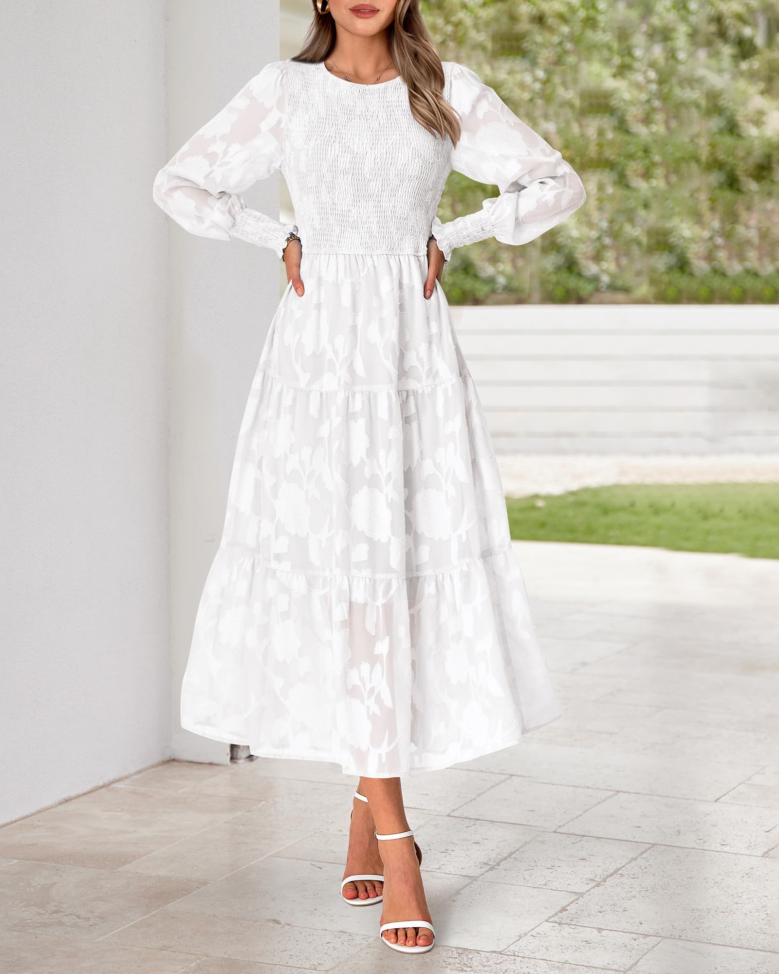 BTFBM Wedding Guest Dresses for Women Fall Fashion 2025 Casual Long Sleeve Floral Maxi Boho Homecoming Dress(White,Medium)