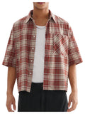 GORGLITTER Men's Gingham Cropped Shirt Plaid Button Up Short Sleeve Checkered Vintage Streetwear Crop Tops Tee Red Large