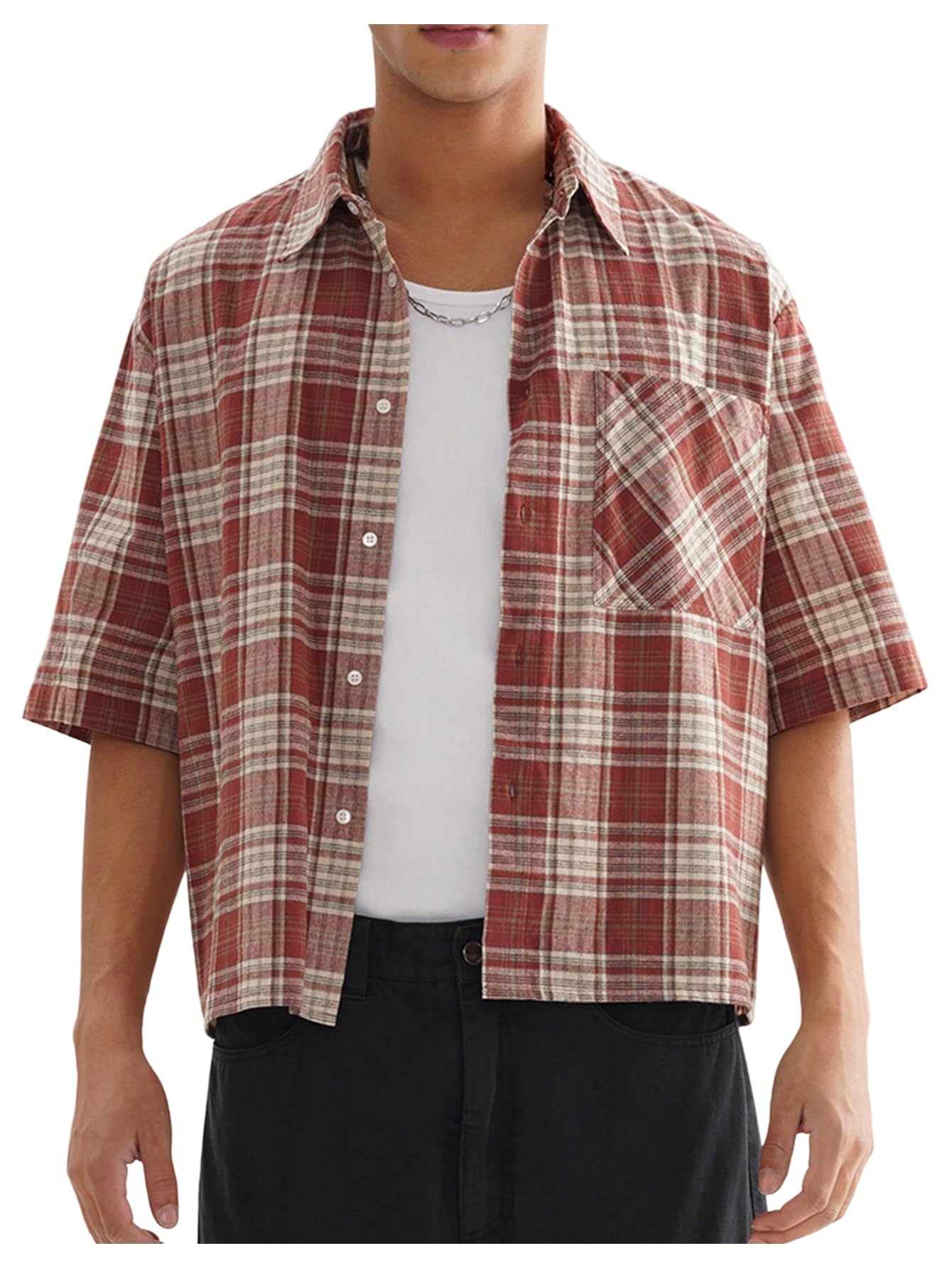 VIPWOLF Men's Plaid Gingham Cropped Shirts Button Down Baggy Half Sleeve Loose Fit Shirt Crop Tops Red Plaid Small