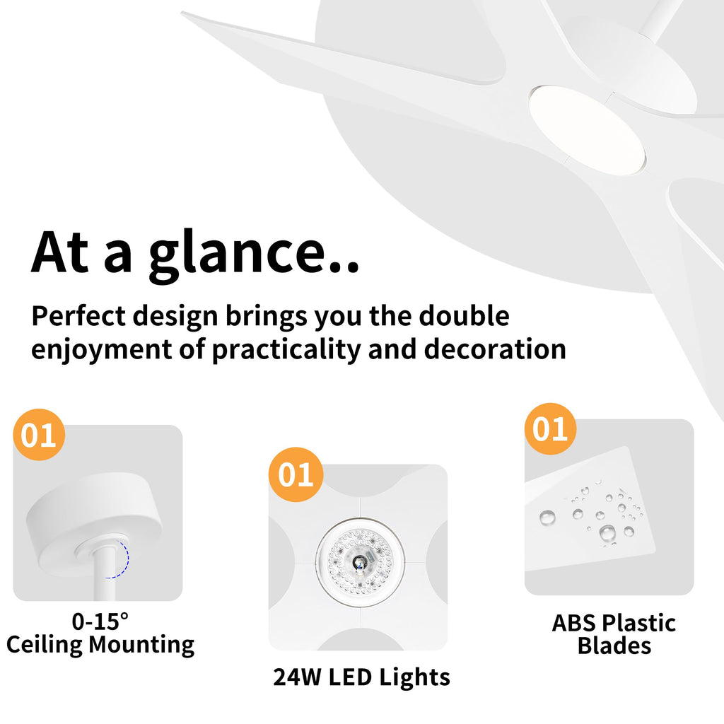 WINGBO 64" Wet Rated Outdoor Ceiling Fan with Lights, 4 ABS Plastic Blades, Reversible DC Motor, 6-Speed Remote Control, 3 CCT, Waterproof Ceiling Fan for Patio Porch Gazebo Garage, Gloss White