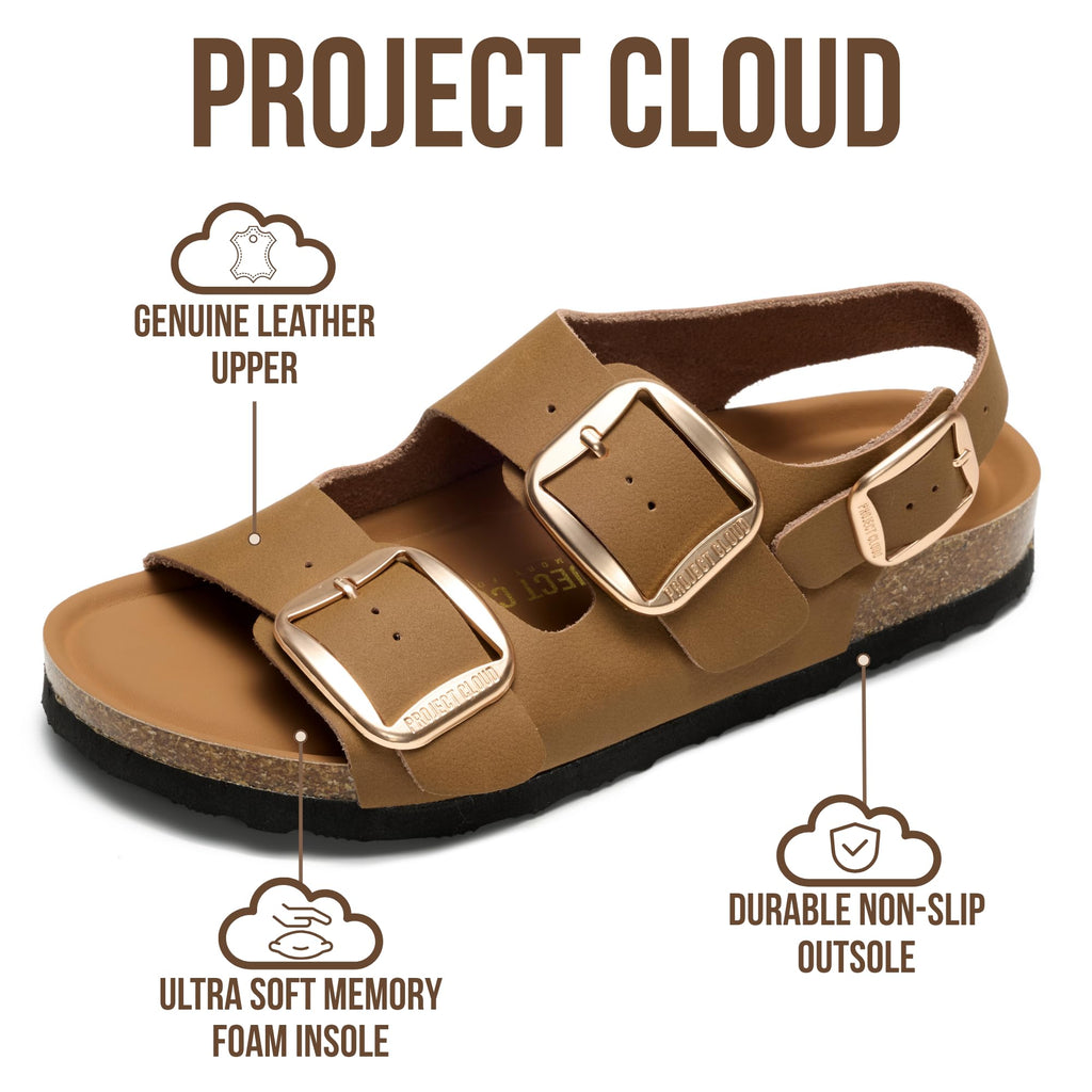Project Cloud 100% Genuine Leather Beach Sandals for Women 2026 with Lightweight & Comfortable Slides for Women - Non Slip with Memory Foam Slingback Womens Sandals 2026 (Garda, Tan Rosegold,10M)