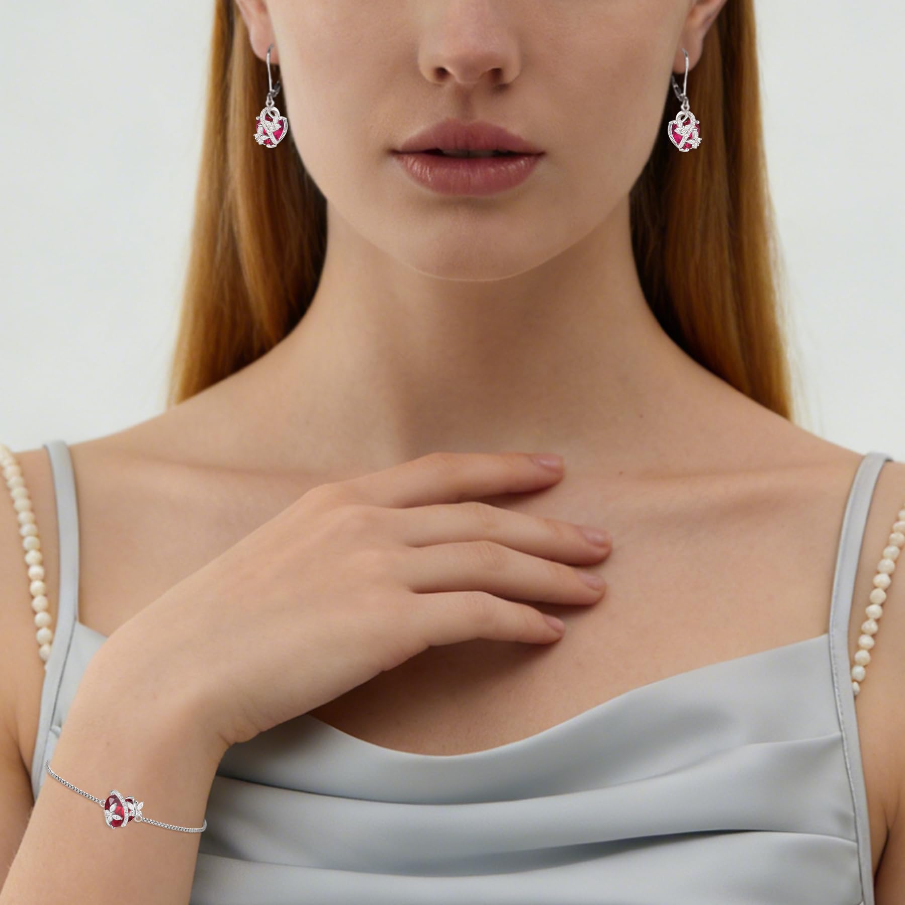 Vesitim Butterfly Bracelet for Women Sterling Silver Heart Jewelry Created Ruby Charm Link Bracelet
