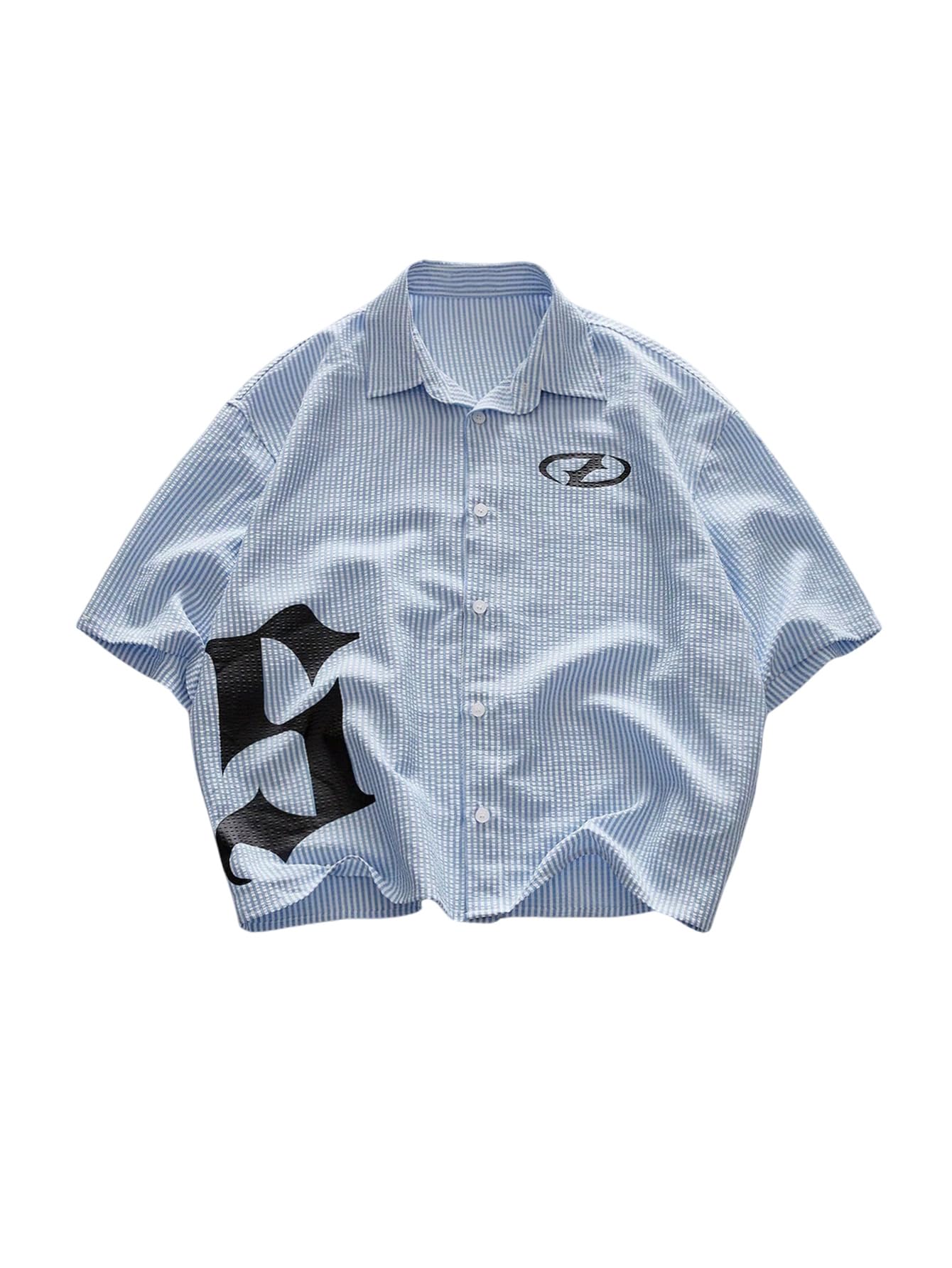 GORGLITTER Men's Cropped T Shirt Oversized Striped Button Up Letter Graphic Short Sleeve Collared Crop Tops Streetwear Black and Blue Small