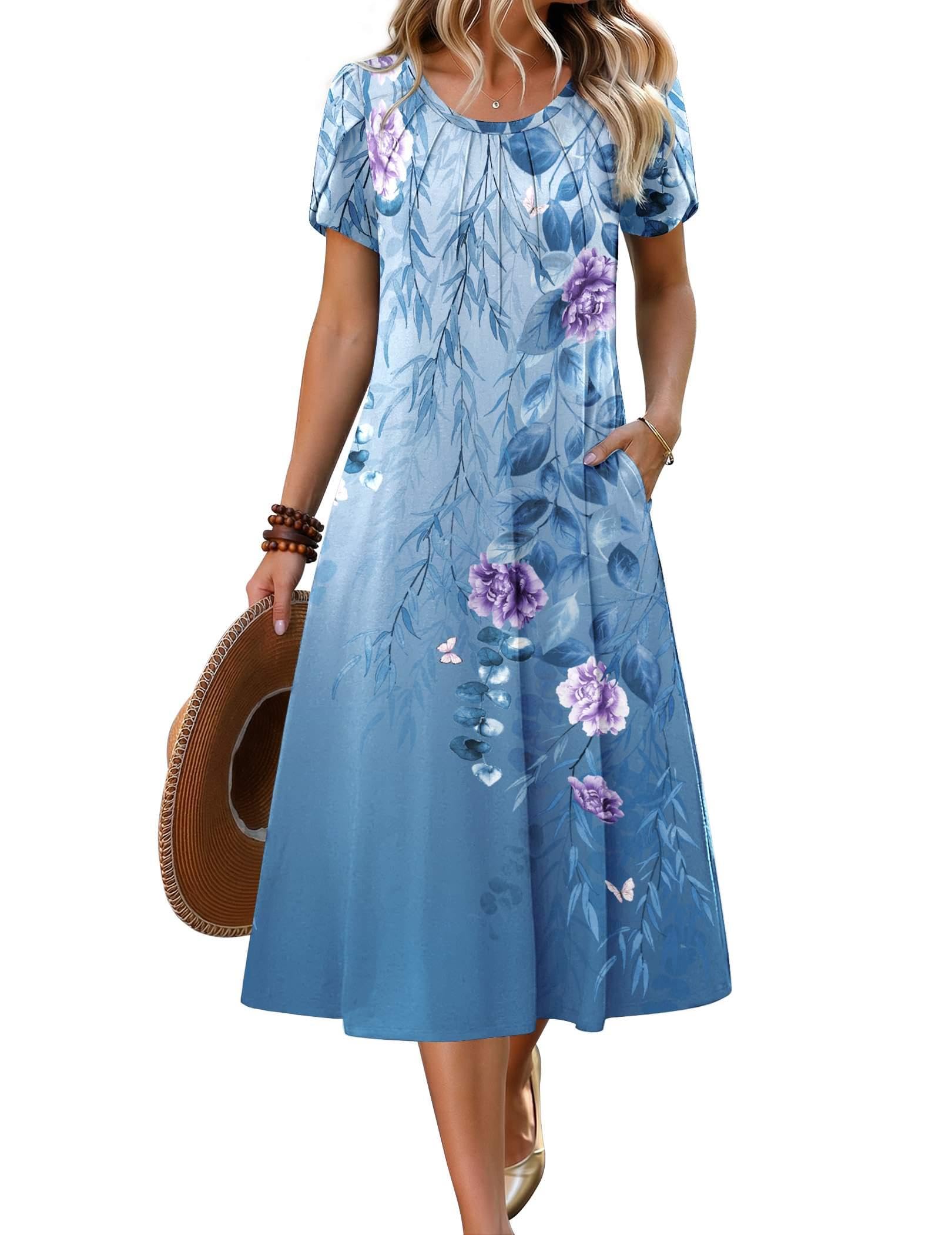 Zeagoo Summer Dresses for Women 2026 Casual Pleated Dresses Floral Midi Dress Womens Empire Waist Dress Floral Sundress, Blue Printed 01 XL