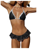 WDIRARA Women's Polka Dots Bikini Sets Ruffle Triangle 2 Piece Swimsuit Tie Backless Bathing Suit Black and White Large