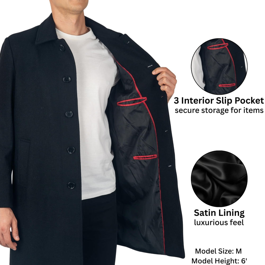 Alpine Swiss Orson Mens Wool Blend Car Coat Tailored Long Topcoat for Men Single Breasted Overcoat Winter Jacket BLK XL