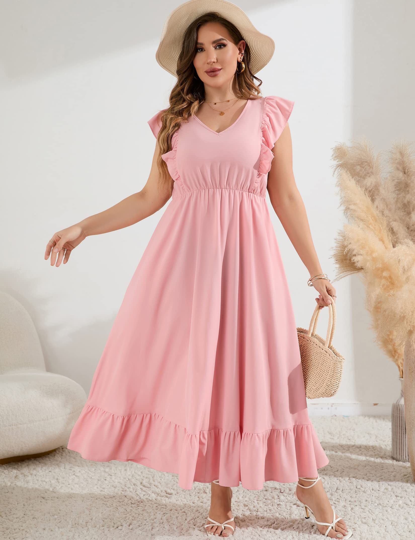 KOJOOIN Women's Plus Size Summer Dress with Pocket Ruffle Cap Sleeveless V Neck Side Split Long Beach Maxi Dress Pink XL