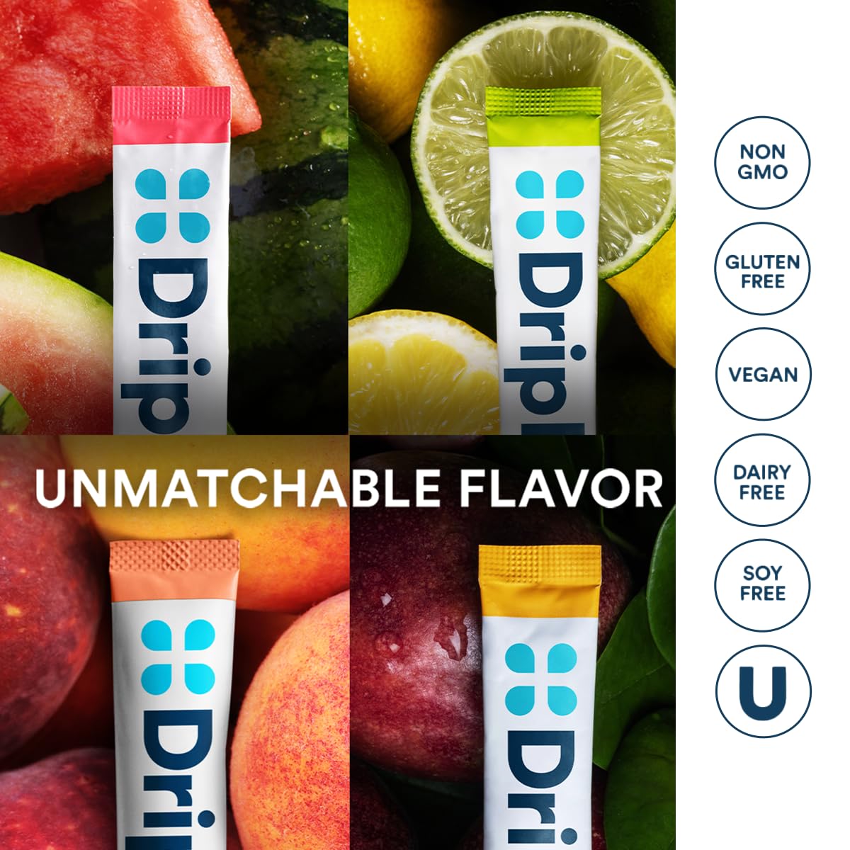 DripDrop Sugar Free Hydration Packets - Zero Classic Variety Pack - Single Serve Electrolytes Powder Drink Mix - Lemon Lime, Watermelon, Peach, Passion Fruit - Non-GMO, Gluten Free, Vegan - 16 Sticks