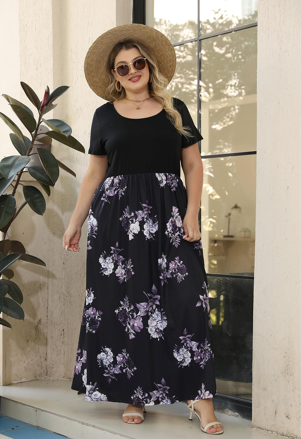Nemidor Plus Size Maxi Dresses for Curvy Women Casual Summer Short Sleeve Chevron Print Long Dress with Pocket 14-26(155,18,PurplePrint)