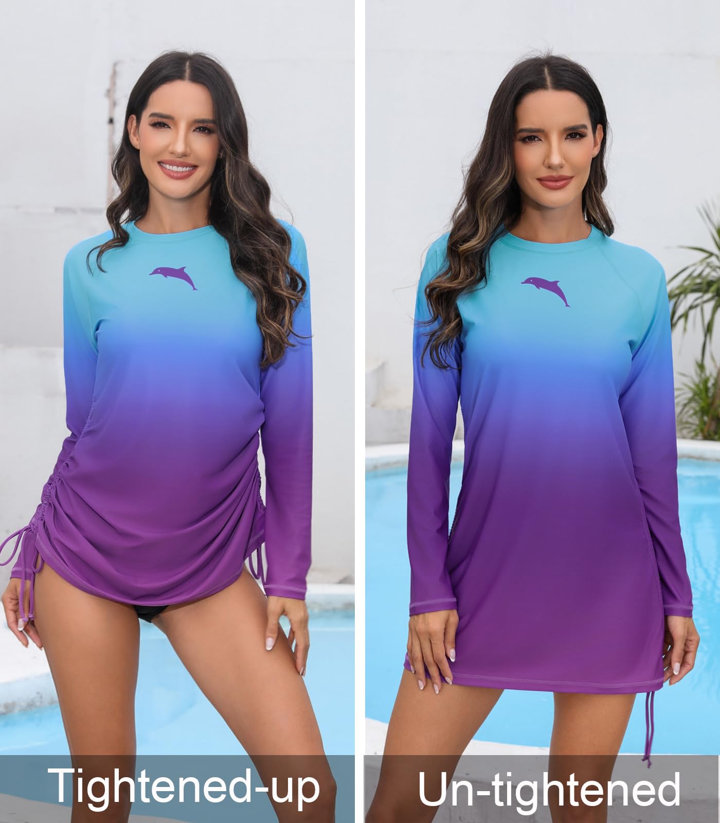 Halcurt Women's Long Sleeve Rash Guard Swim Shirt with Tie Drawstring UPF 50+ Sun Protection Swimsuit Top Ombre Blue Purple M