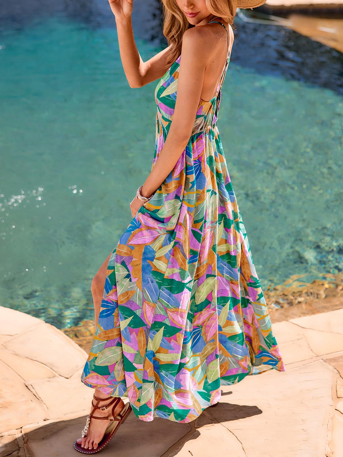 CUPSHE Womens Summer Maxi Dress 2026 Sleeveless Long Sundresses Spaghetti Strap Flowy Boho Beach Vacation Dress, Tropical M