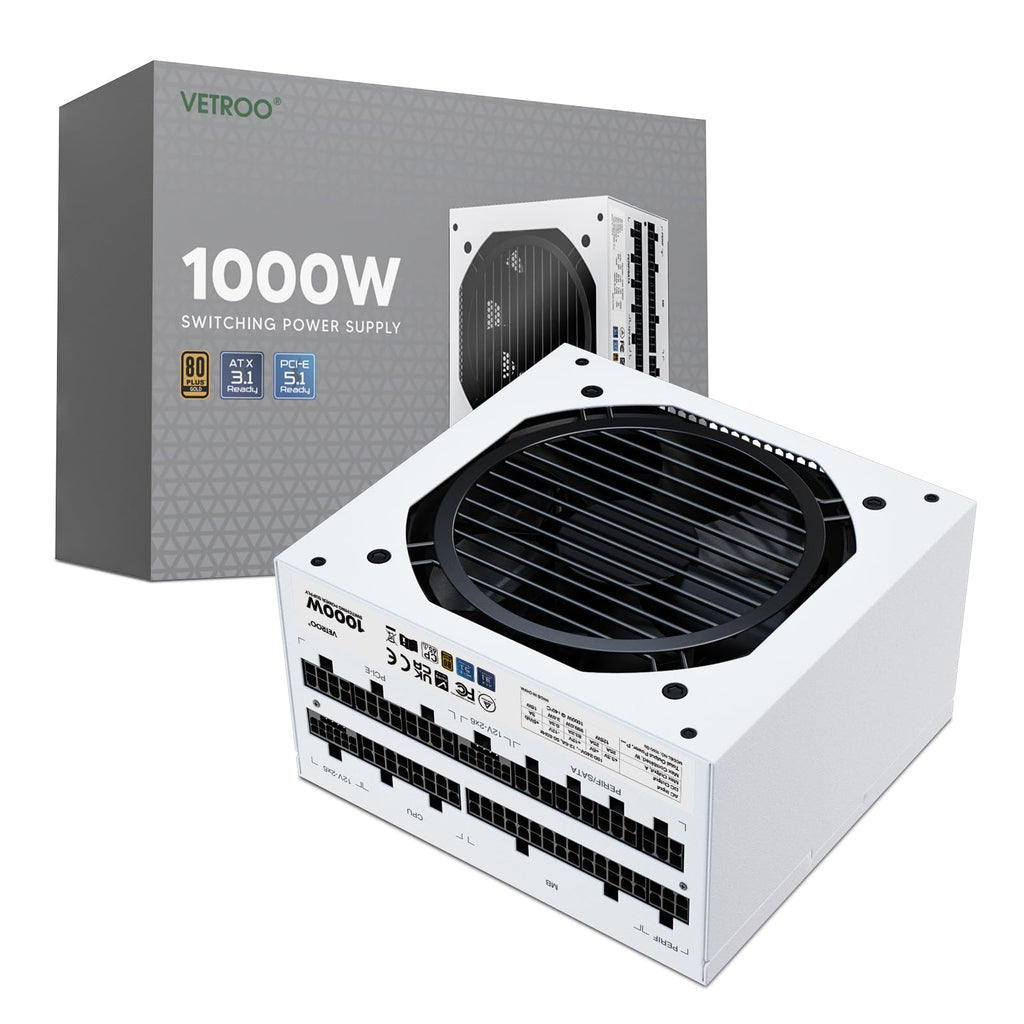 Vetroo 1000W White Power Supply ATX 3.1 Ready Dual PCIe 5.1, 80 Plus Gold Full Modular, Eco Mode with 120mm FDB Fan, Compact Size, 10 Year Warranty for Gaming PC
