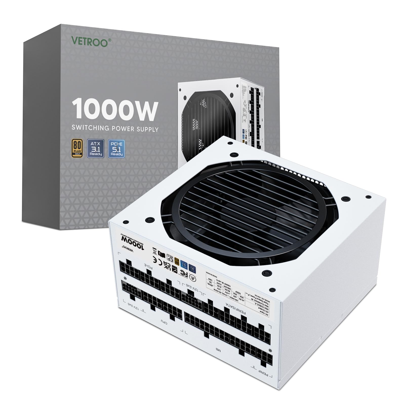 Vetroo 1000W White Power Supply ATX 3.1 Ready Dual PCIe 5.1, 80 Plus Gold Full Modular, Eco Mode with 120mm FDB Fan, Compact Size, 10 Year Warranty for Gaming PC