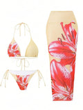 ZAFUL Womens 3pcs Swimsuit Floral Halter Triangle Bikini Top Tie Side Bottom with Long Sheer Cover Up Skirt Beige M