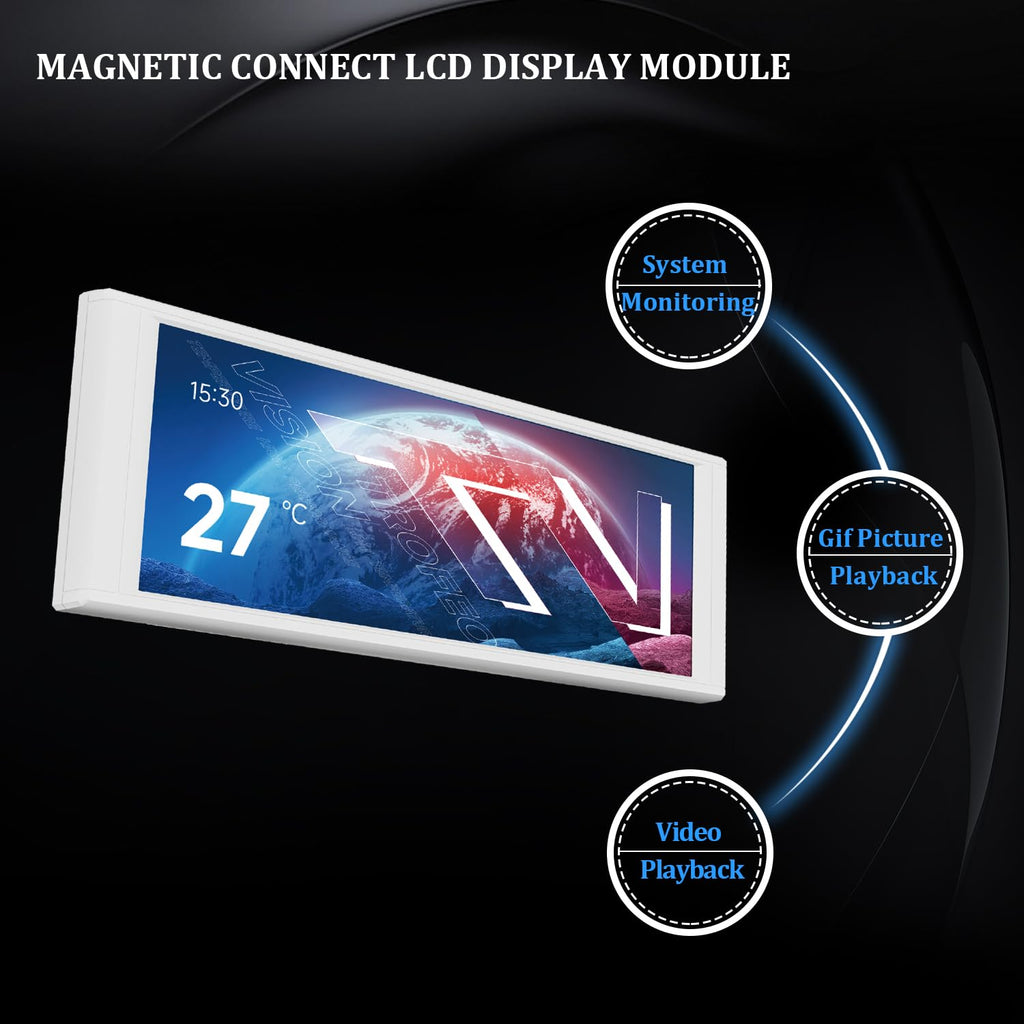 Thermalright Trofeo Vision LCD White Edition Case Sub-Display Features a 6.86-inch Full-Color LCD Screen (1280x480 Resolution) with Magnetic Panel Design. Supports DIY Dynamic/Static Images (White).
