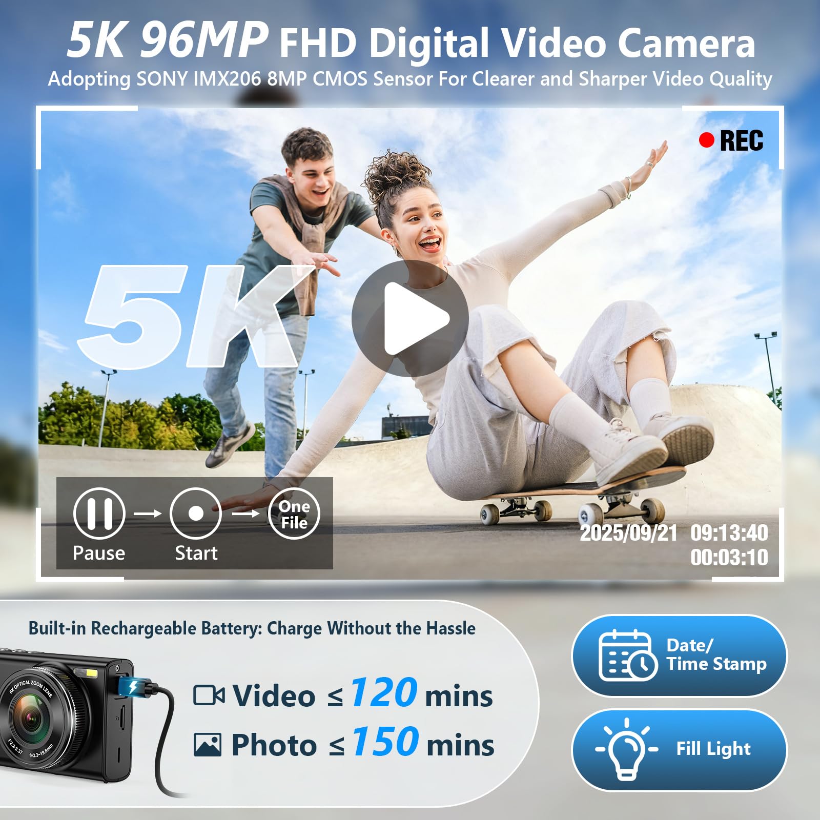 5K 96MP Digital Camera for Photography with 6X Optical Zoom,2026 Upgraded Autofocus Vlogging Camera for YouTube with Dual Lens, 64GB Card, Flash, Anti-Shake, Compact Point and Shoot Digital Cameras