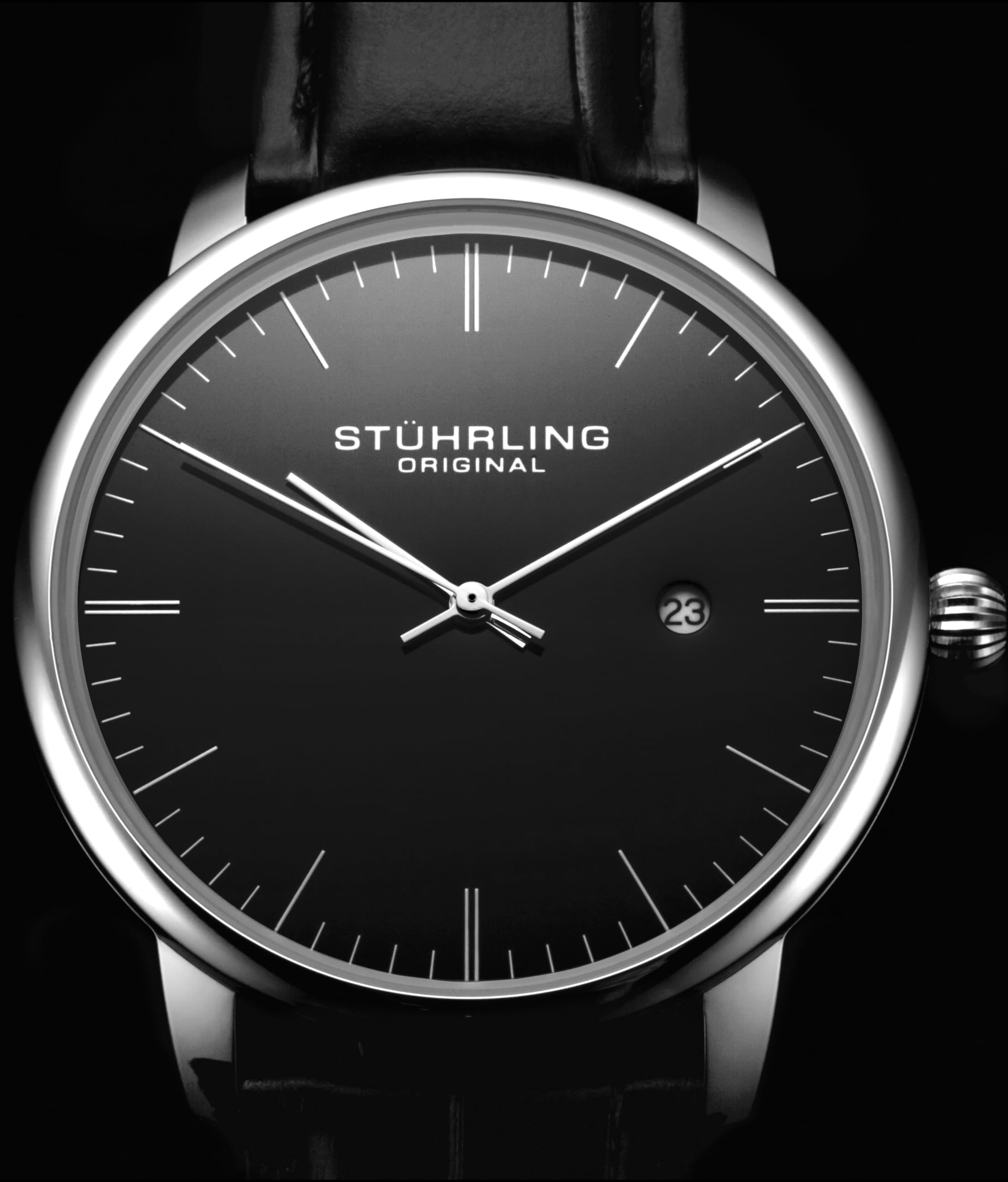 Stuhrling Original Men’s Watch Black Dial Dress Watch 40mm, Ultra Slim Mens Watch Black Leather Strap, Quartz Analog Men’s Wrist Watch, Classic Minimalist Watch for Men