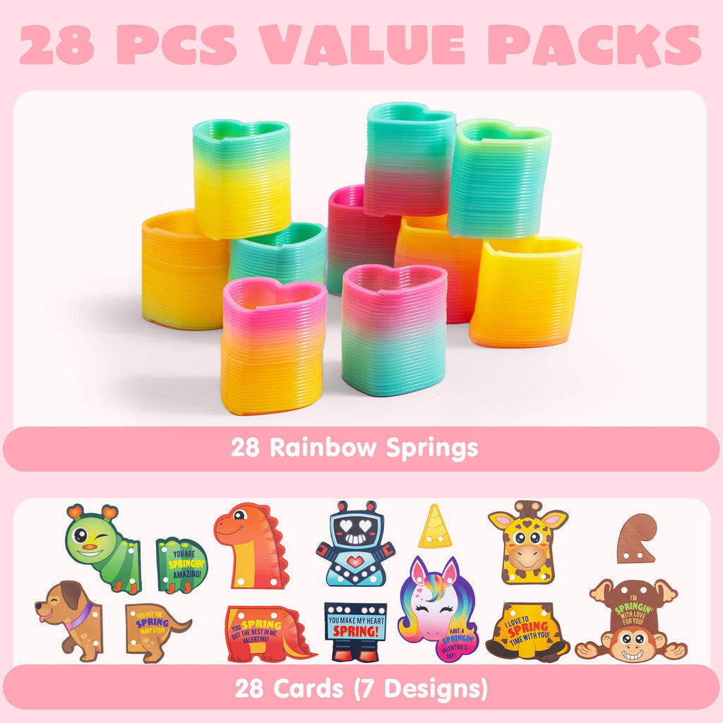 JOYIN 28 Packs Valentine's Day Animal Cards with Coil Springs Rainbow Springs, Stress Relief Coil Toys with Cards for Kids Valentine's Classroom Exchange Prizes Game Prizes, Valentine's Party Favors