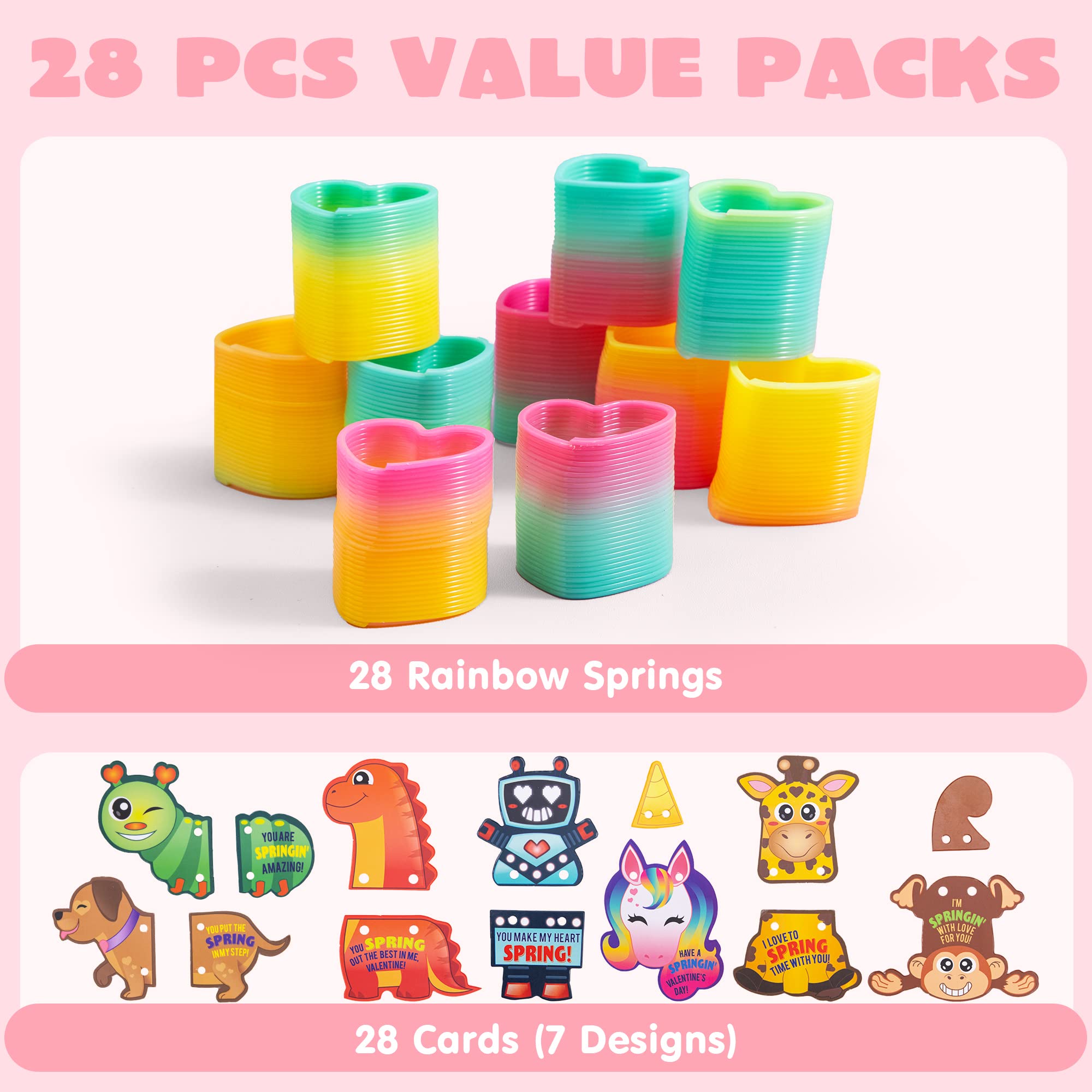 JOYIN 28 Packs Valentine's Day Animal Cards with Coil Springs Rainbow Springs, Stress Relief Coil Toys with Cards for Kids Valentine's Classroom Exchange Prizes Game Prizes, Valentine's Party Favors