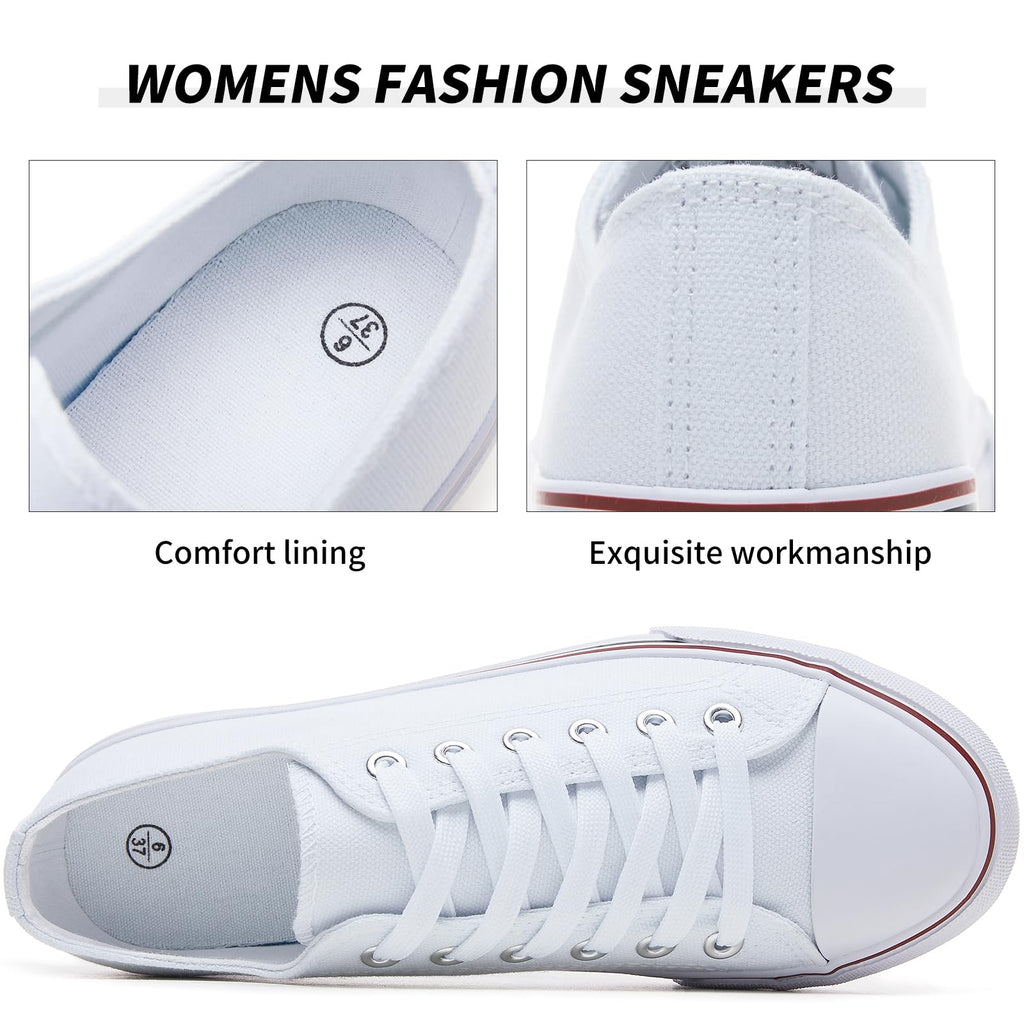 FRACORA Womens White Black Canvas Sneakers Low Top Canvas Shoes for Women Tennis Shoes(White,US8.5)