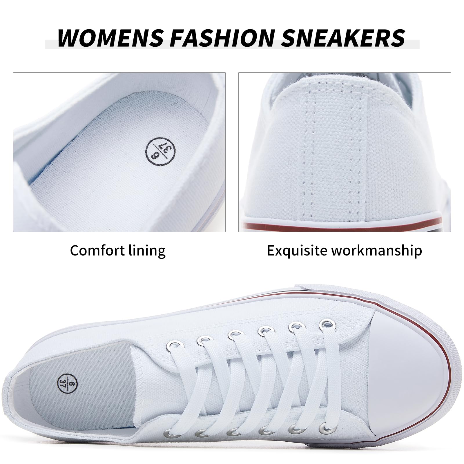 FRACORA Womens White Black Canvas Sneakers Low Top Canvas Shoes for Women Tennis Shoes(White,US8.5)