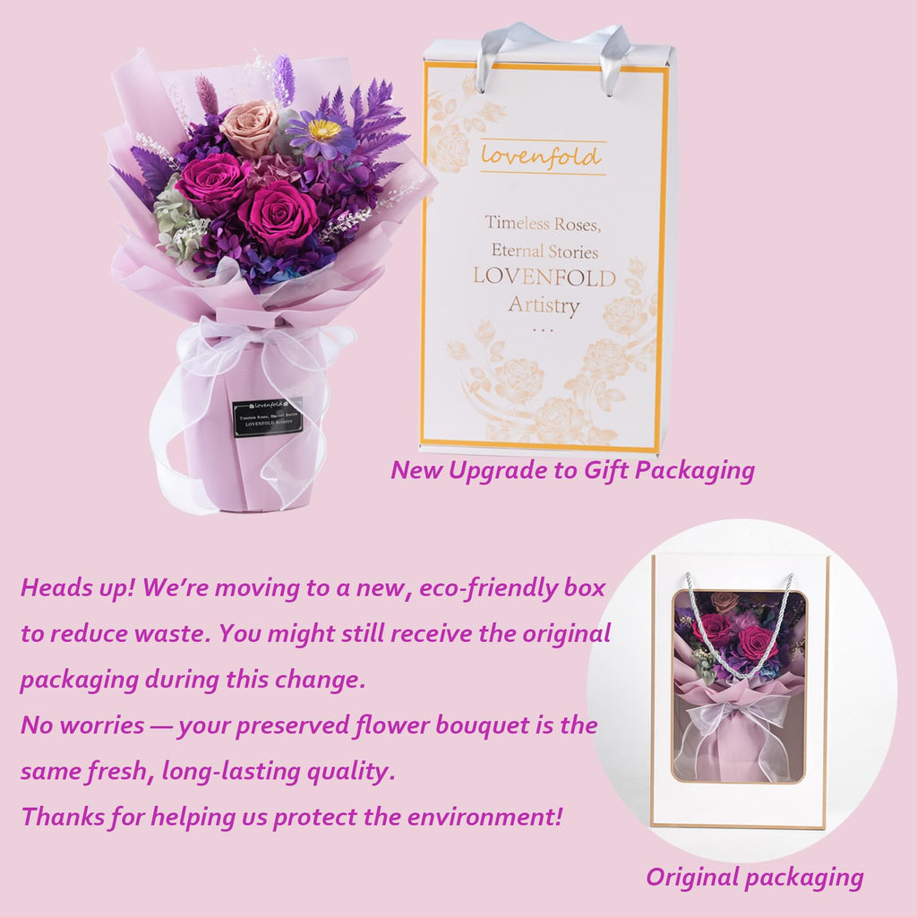 lovenfold Preserved Flowers for Delivery, Purple Rose Bouquets That Last 1-3 Years, Birthday Flowers Gifts for Women Mom Grandma Wife Friends