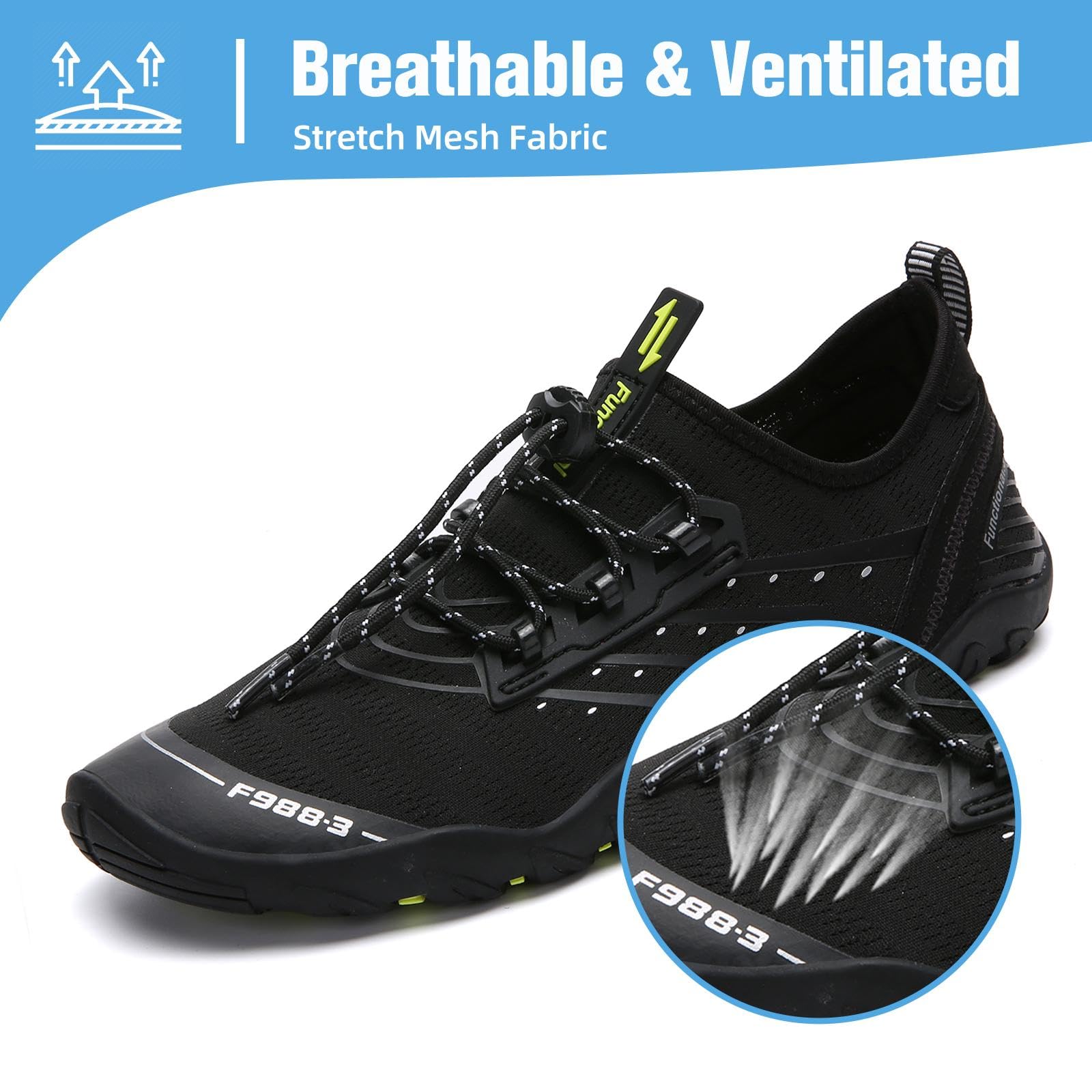 Mishansha Water Shoes for Women Men, Quick-Dry Barefoot Swim Shoes with Drainage Holes, Lightweight Aqua Shoe for Beach Pool River Boating Yoga Walking 11.5 Women/10 Men Smoky Black