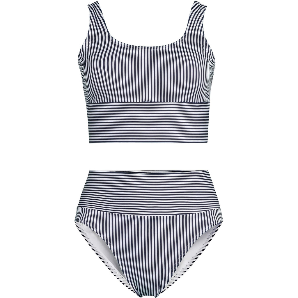 Lands' End Women's Tugless Midkini Top and High Waisted Bottom Swimsuit Set X-Small Deep Sea Navy Mini Stripe