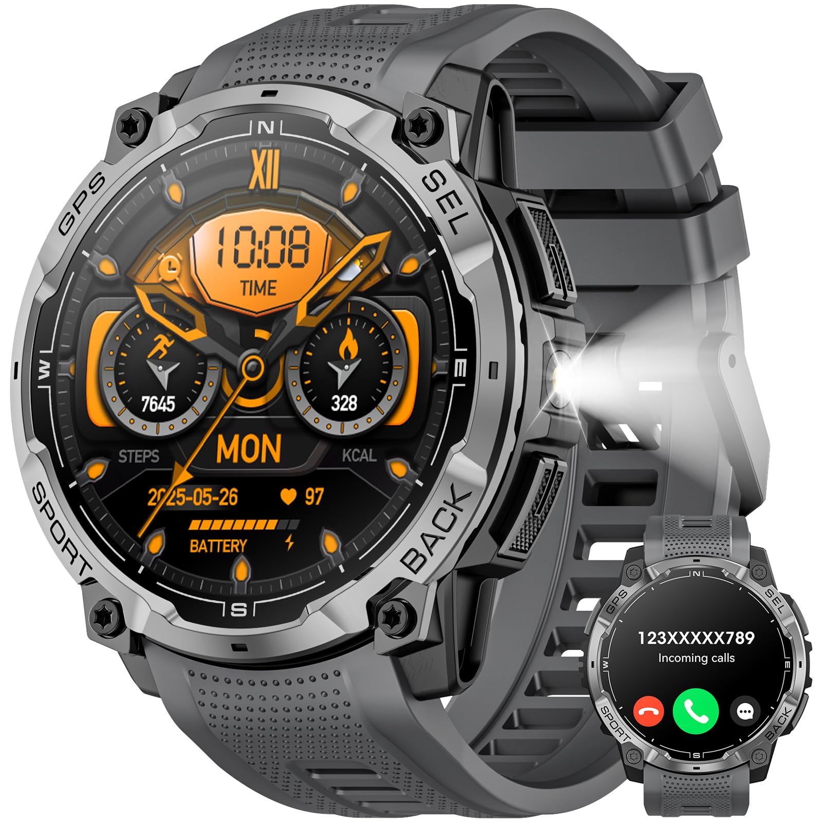 Joautrial Military Smart Watch for Men with GPS, 1.43" AMOLED Bluetooth Call, LED Flashlight, Rugged Tactical Watch for Android iOS, 3ATM Waterproof Fitness Tracker with Heart Rate Pedometer (Black)