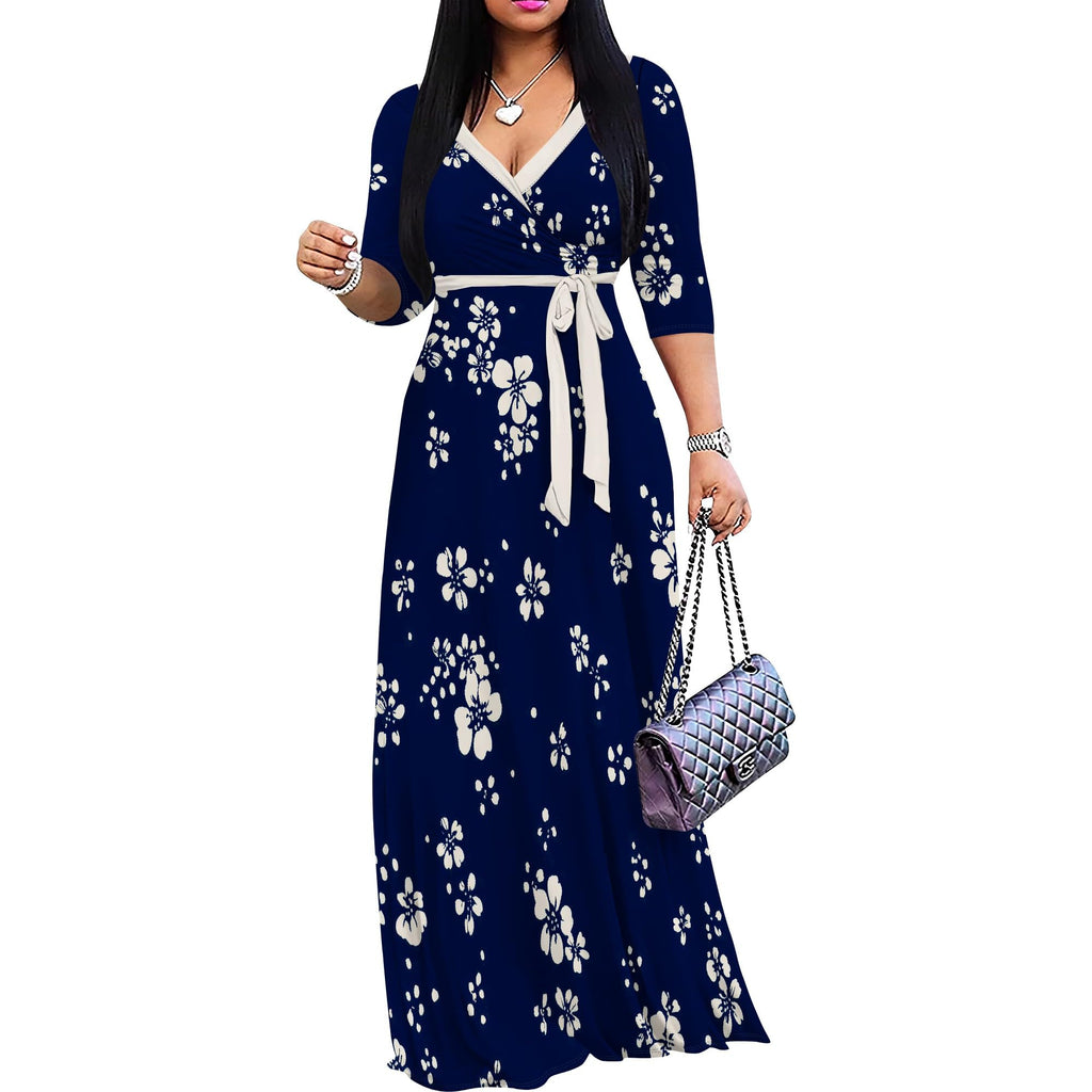 PinkPatty Plus Size Maxi Dress for Women 3/4 Sleeve V Neck Printing Dress Wedding Guest Sundress with Belt (A-Navy Blue/White2XL)