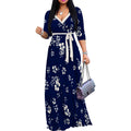 PinkPatty Plus Size Maxi Dress for Women 3/4 Sleeve V Neck Printing Dress Wedding Guest Sundress with Belt (A-Navy Blue/White2XL)