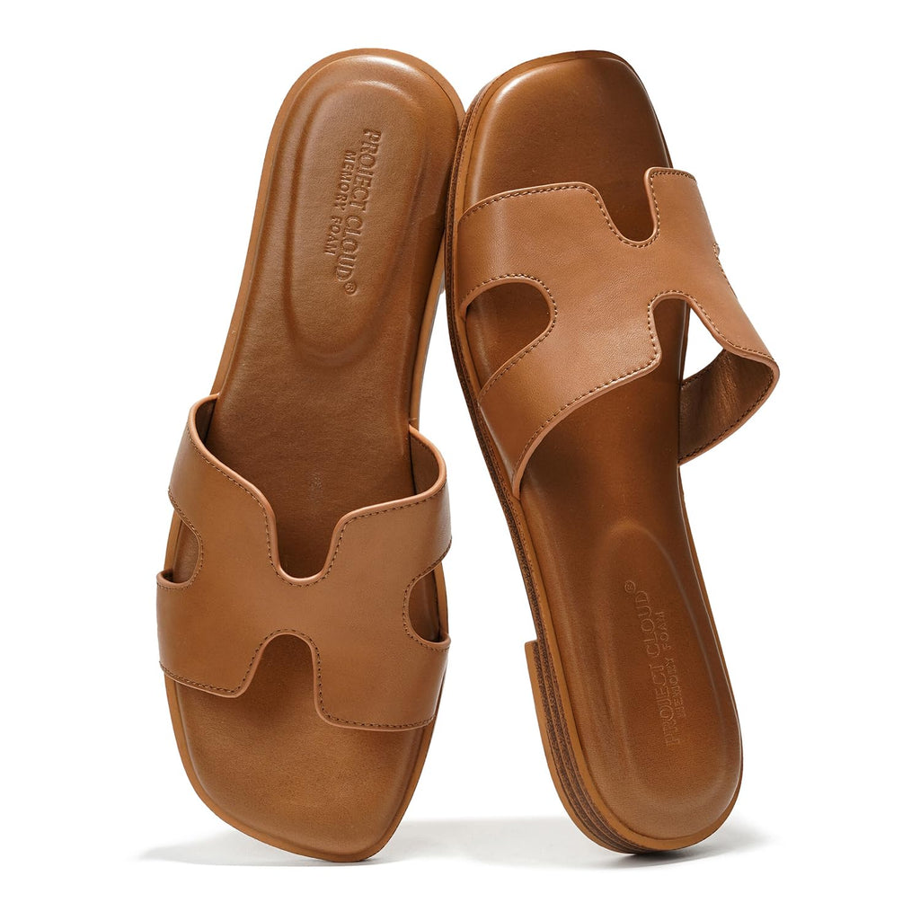 Project Cloud 100% Genuine Leather Sandals for Women 2026 - Fashion Flat Womens Sandals with Memory Foam Insole Slides Sandals Women Footwear - Mules Women's Sandals (Jannel,Cogn, 11)