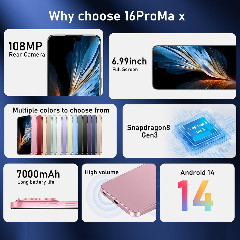 OEJBK 16PM Smartphone New Upgrade 16GB+512GB/6.99" Display 68+108MP Zoom Camera,Tempered Glass Finish, 7000mAh Android 14 Smartphone (Pink)
