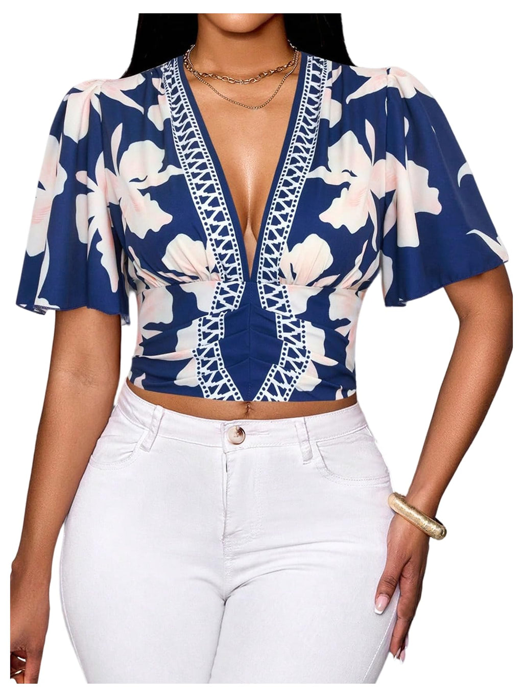 WDIRARA Women's Boho Printed Deep V Neck Short Sleeve Blouse Shirt Summer Casual Crop Tops Royal Blue