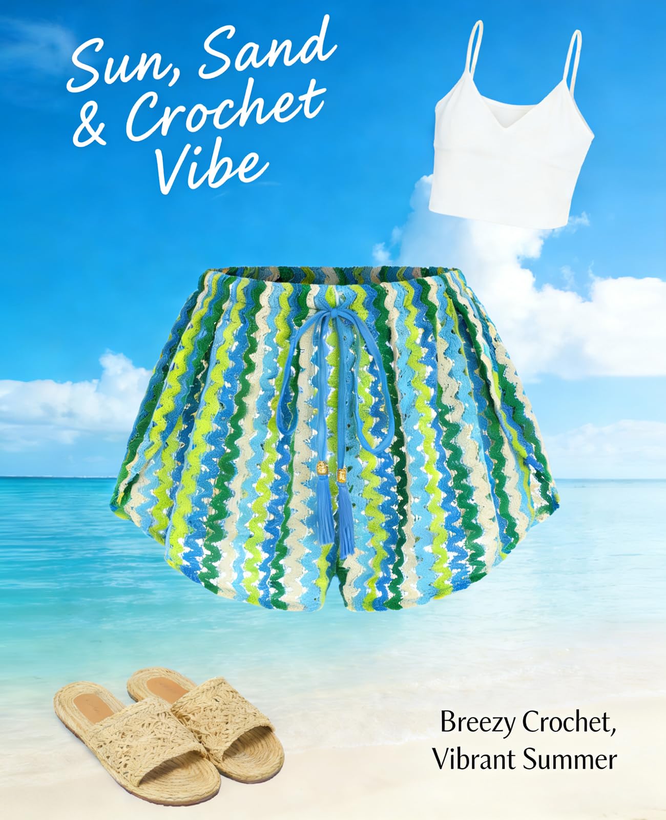 ZAFUL Bikini Cover Ups for Women Beach Crochet Swimsuit Cute Boho High Waisted Drawstring Flowy Swim Bottom,Blue Green,M