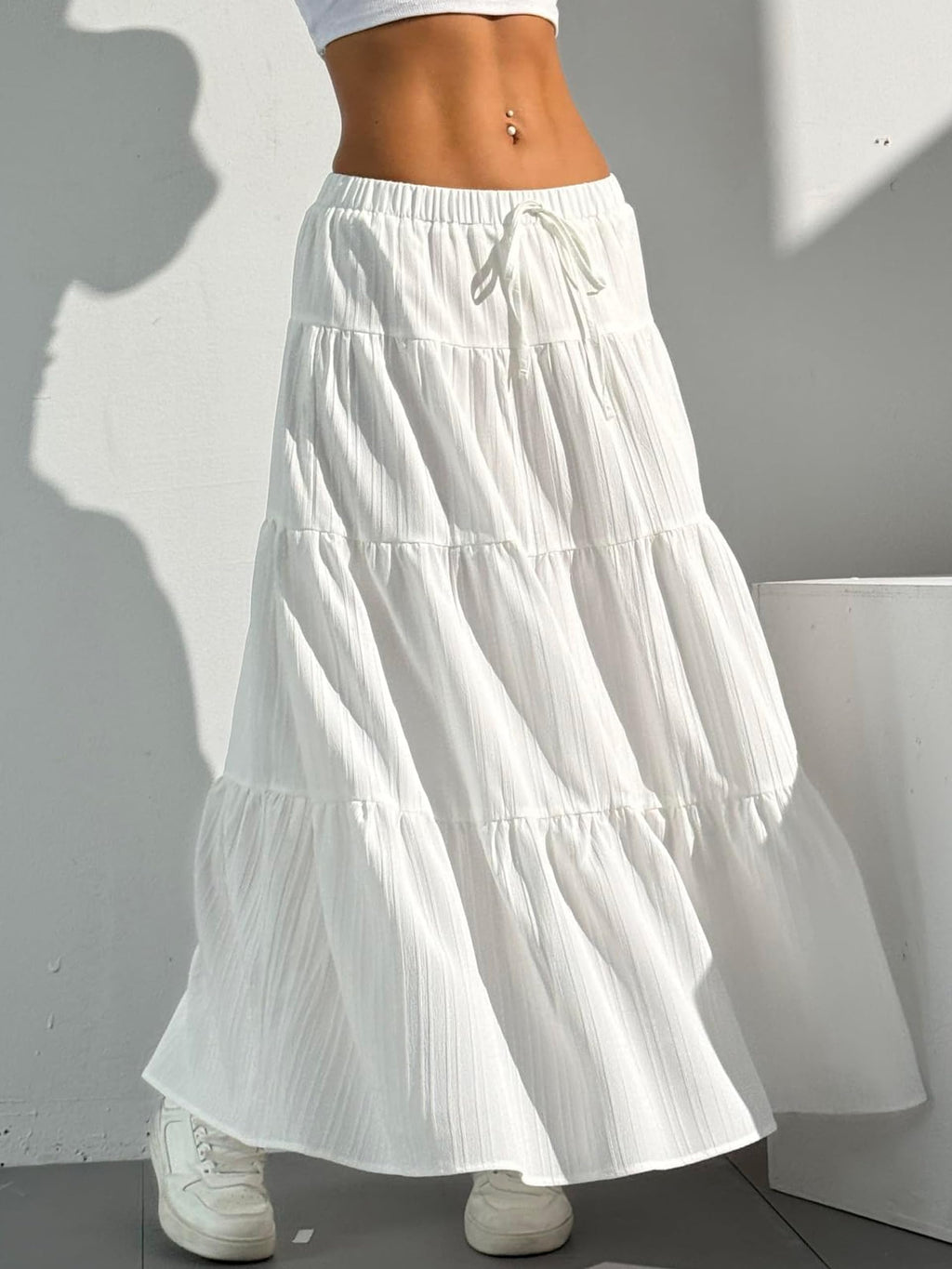 DERAX Women's Boho Flowy Maxi Skirts Elegant Flared Ruffle Hem Elastic High Waisted Summer Fall A Line Long Skirts White S
