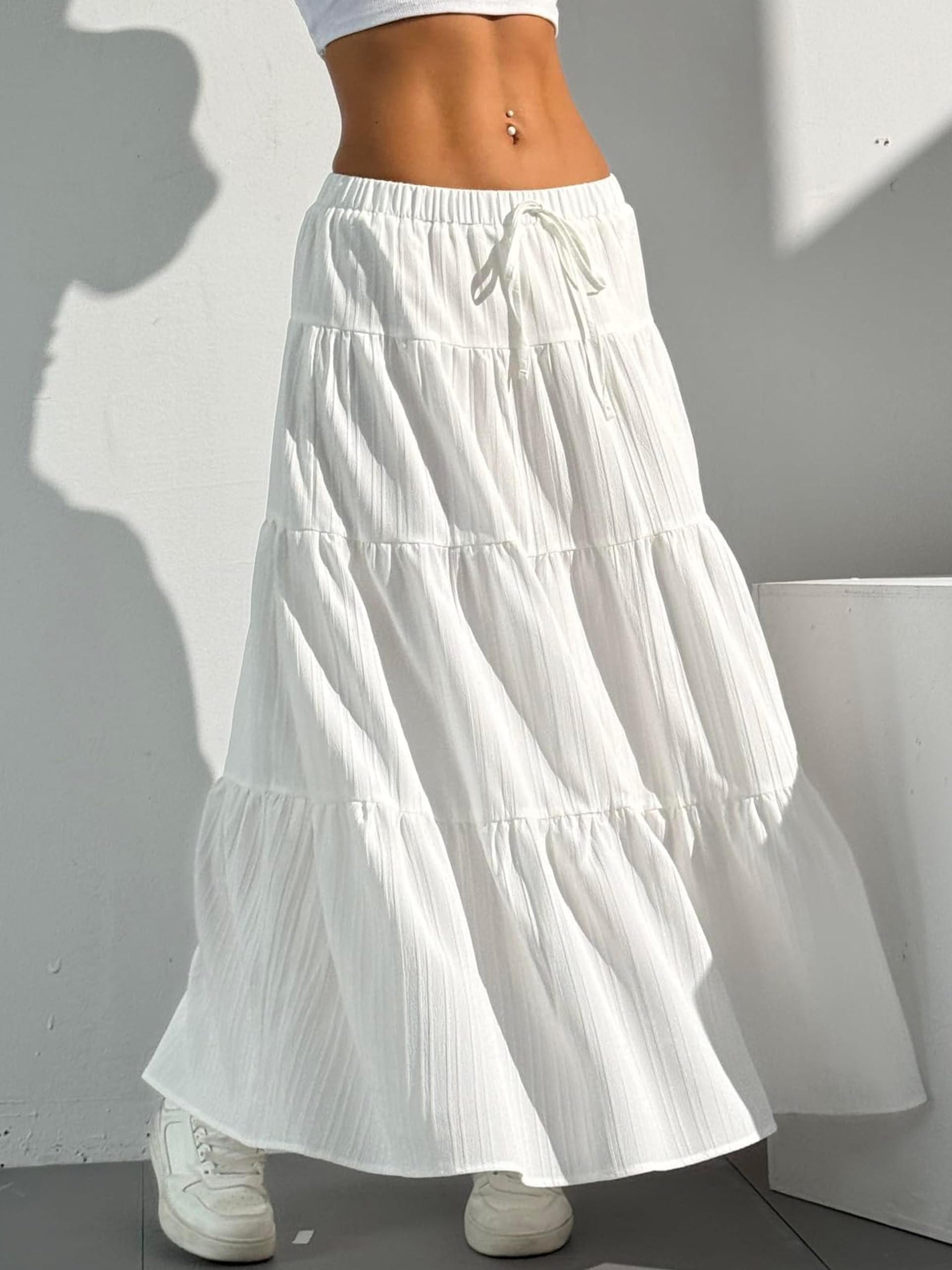 DERAX Women's Boho Flowy Maxi Skirts Elegant Flared Ruffle Hem Elastic High Waisted Summer Fall A Line Long Skirts White S