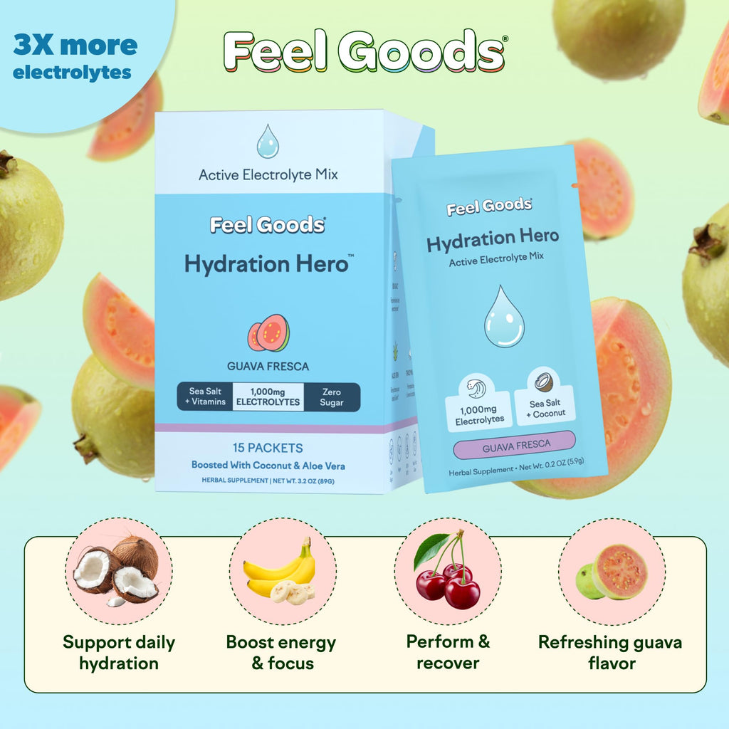 Feel Goods Hydration Hero, Sugar-Free Electrolyte Powder Packets for Daily Hydration - Electrolytes Drink Mix with Magnesium, Potassium & Vitamins for Fasting & Energy - Keto, Vegan & Organic Flavors
