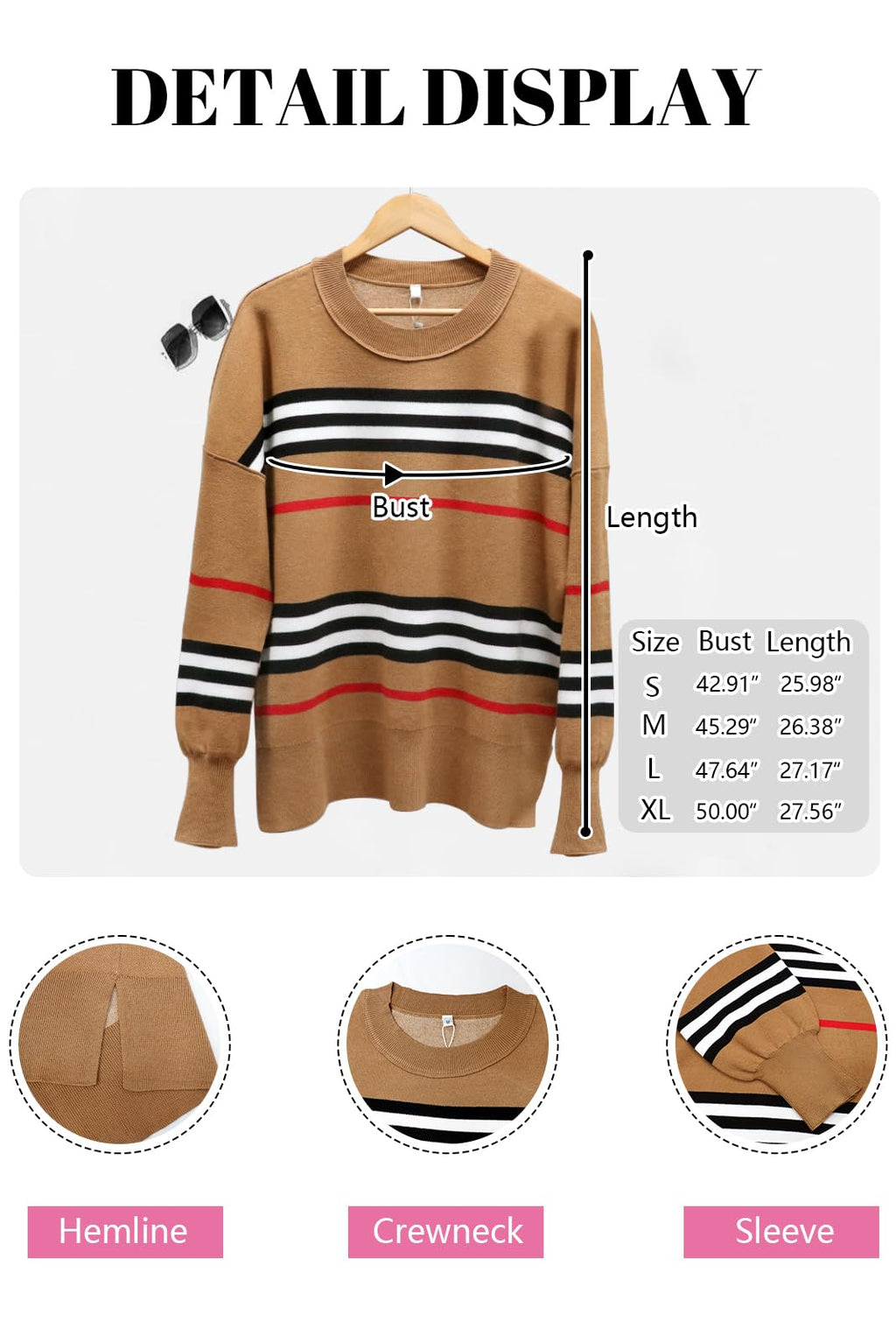 ETCYY Womens Sweaters Fall 2026 Batwing Long Sleeve Side Slit Knit Tops Crew Neck Striped Oversized Sweater Pullover,A Color Brown,Medium